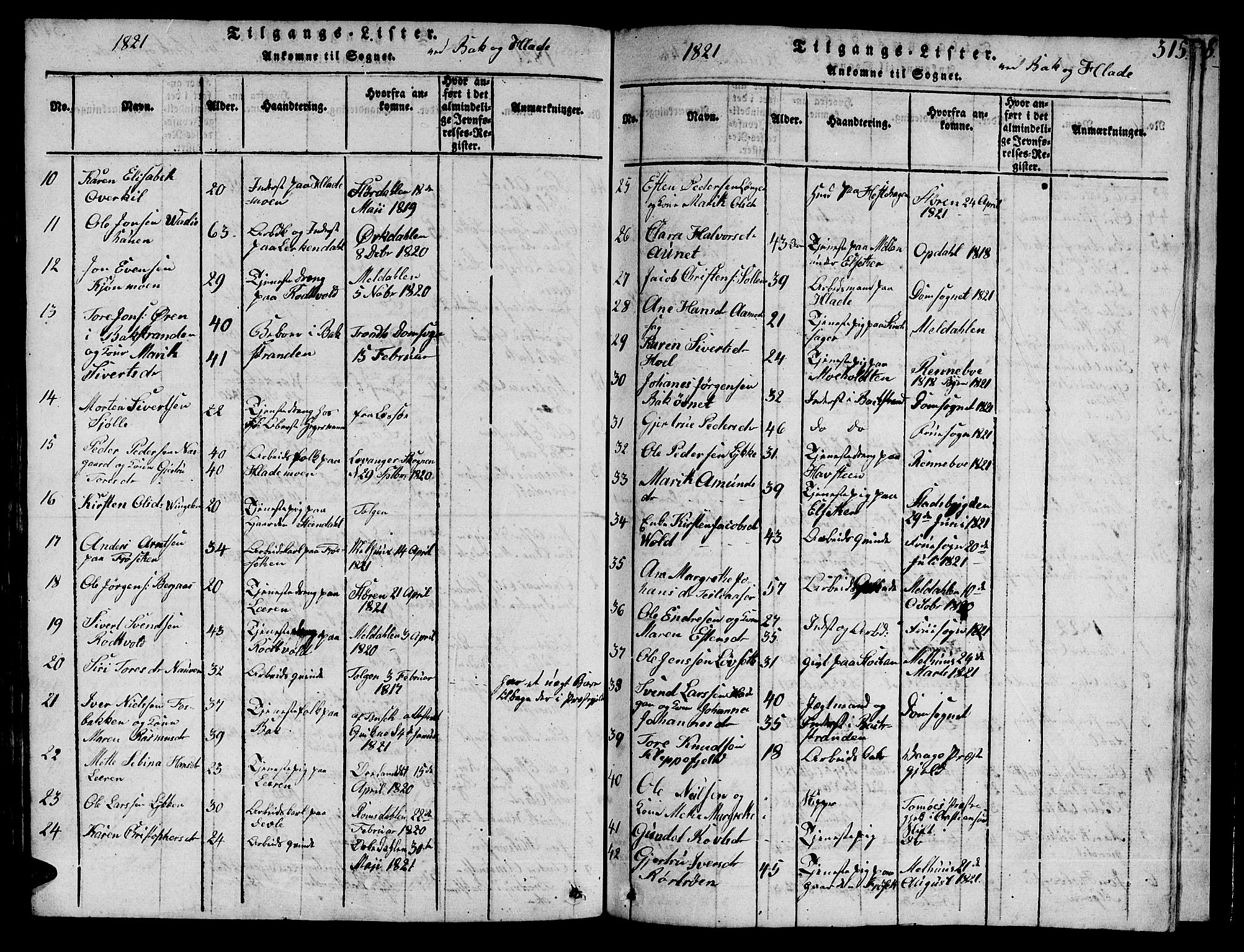 Ministerialprotokoller, klokkerbøker og fødselsregistre - Sør-Trøndelag, SAT/A-1456/606/L0307: Parish register (copy) no. 606C03, 1817-1824, p. 315