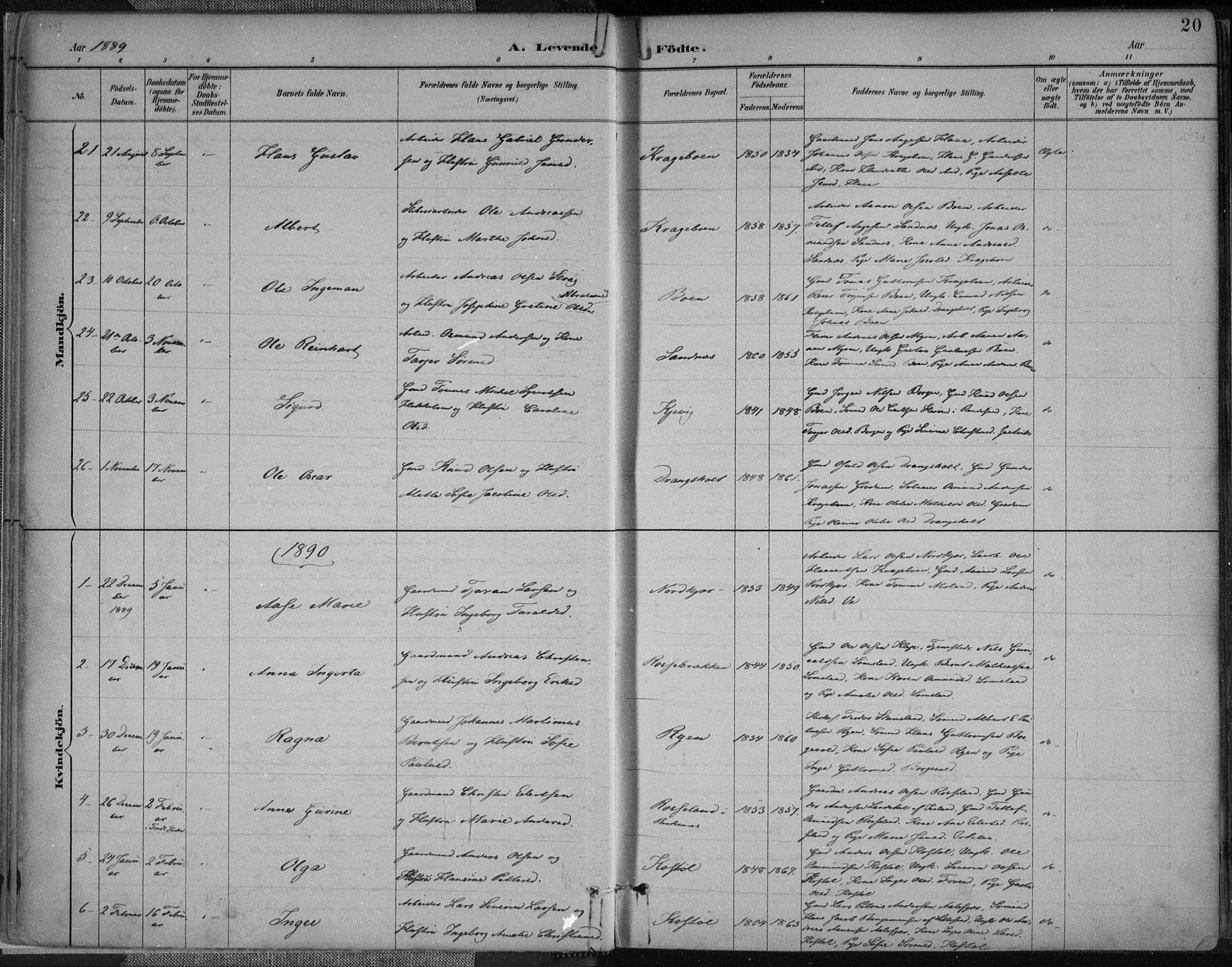 Tveit sokneprestkontor, AV/SAK-1111-0043/F/Fa/L0007: Parish register (official) no. A 7, 1887-1908, p. 20