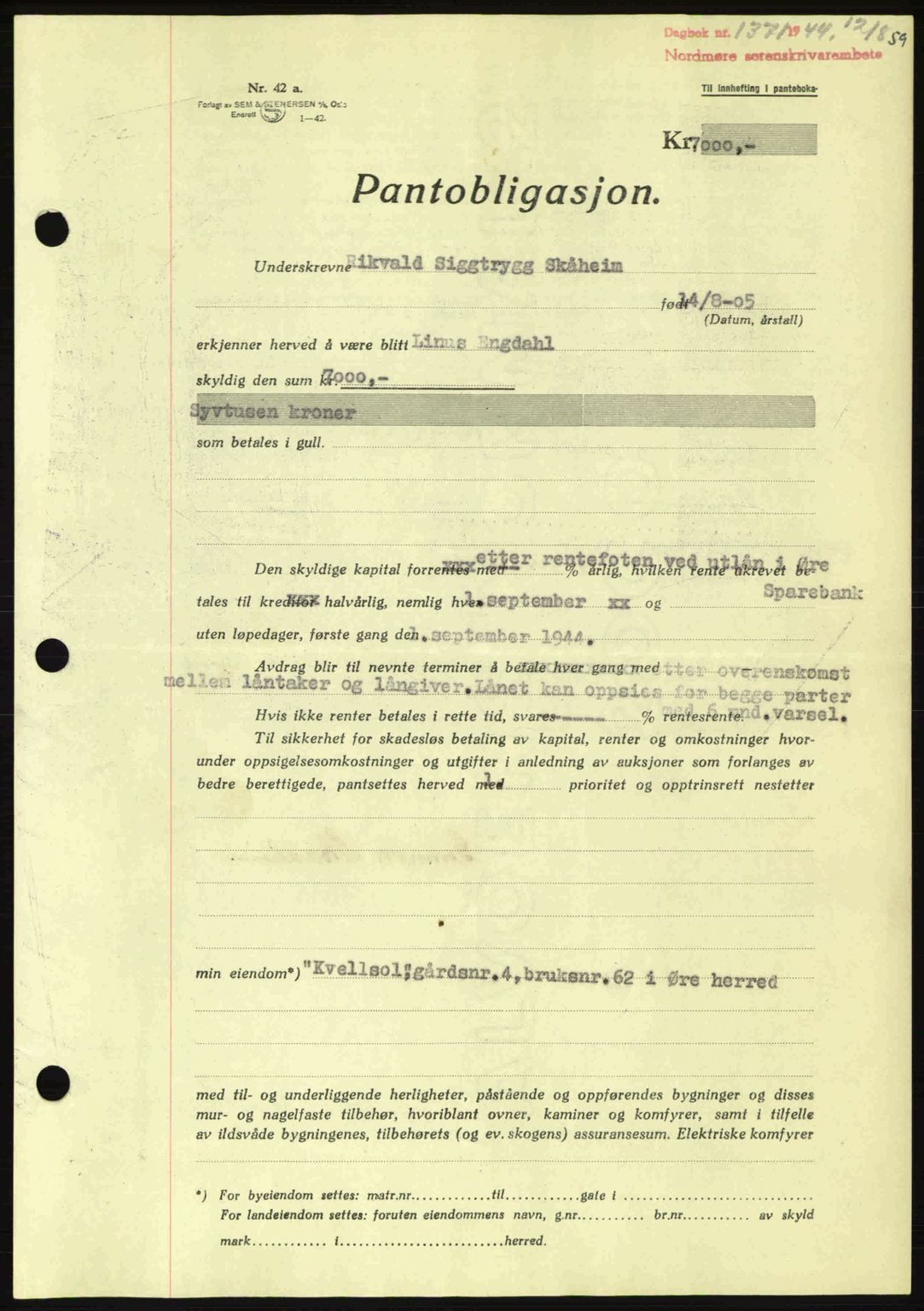 Nordmøre sorenskriveri, AV/SAT-A-4132/1/2/2Ca: Mortgage book no. B92, 1944-1945, Diary no: : 1371/1944