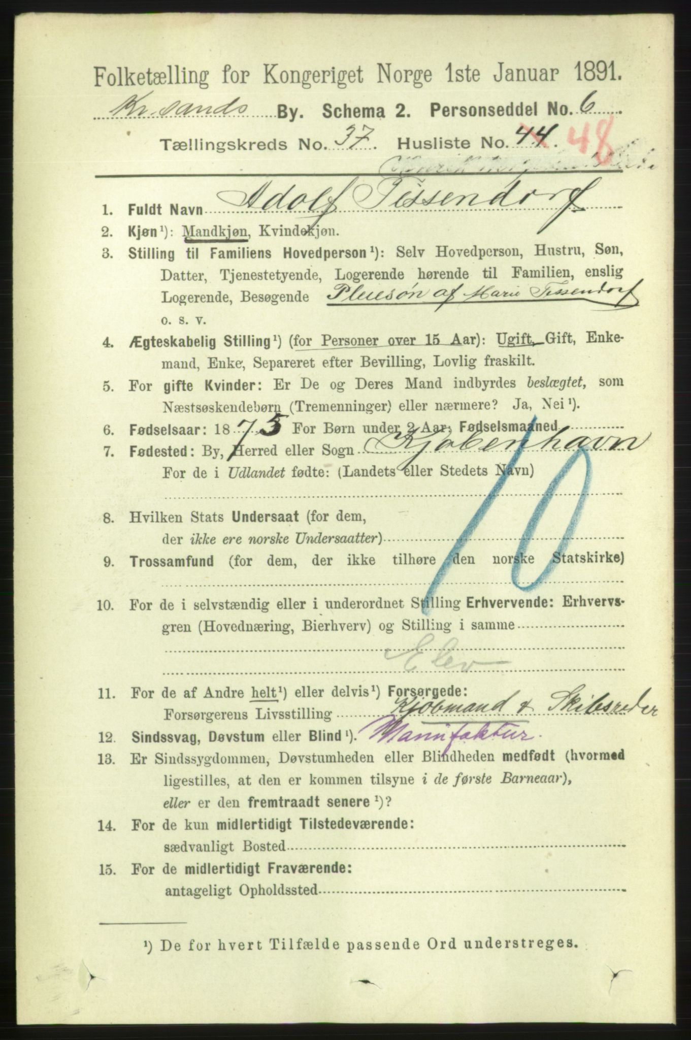 RA, 1891 census for 1001 Kristiansand, 1891, p. 11959