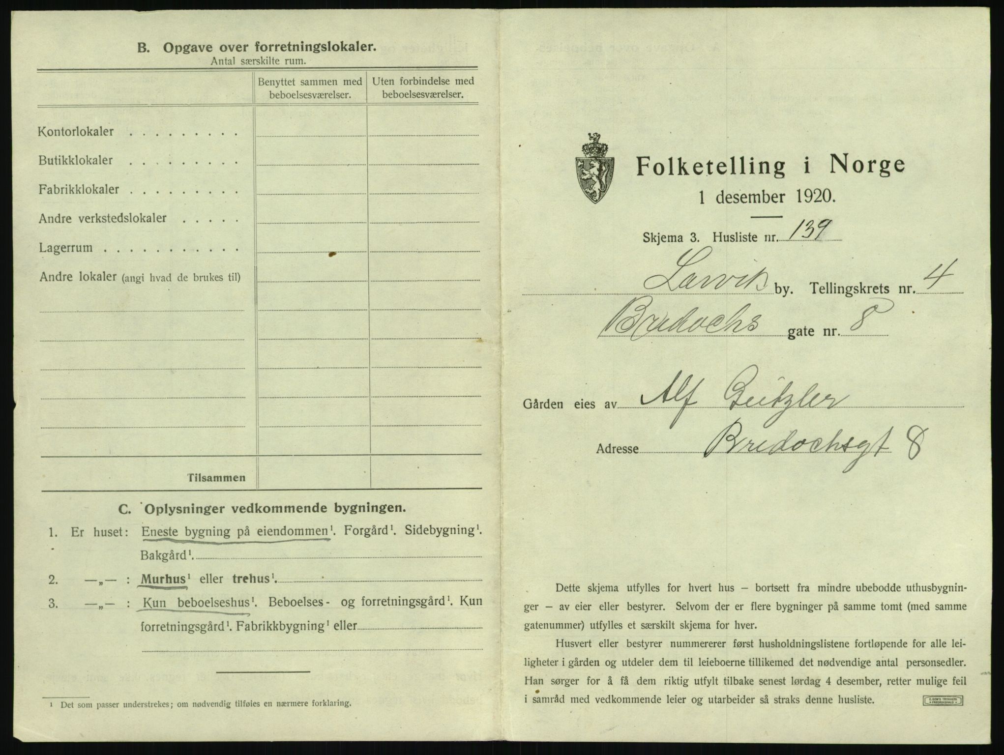 SAKO, 1920 census for Larvik, 1920, p. 1042