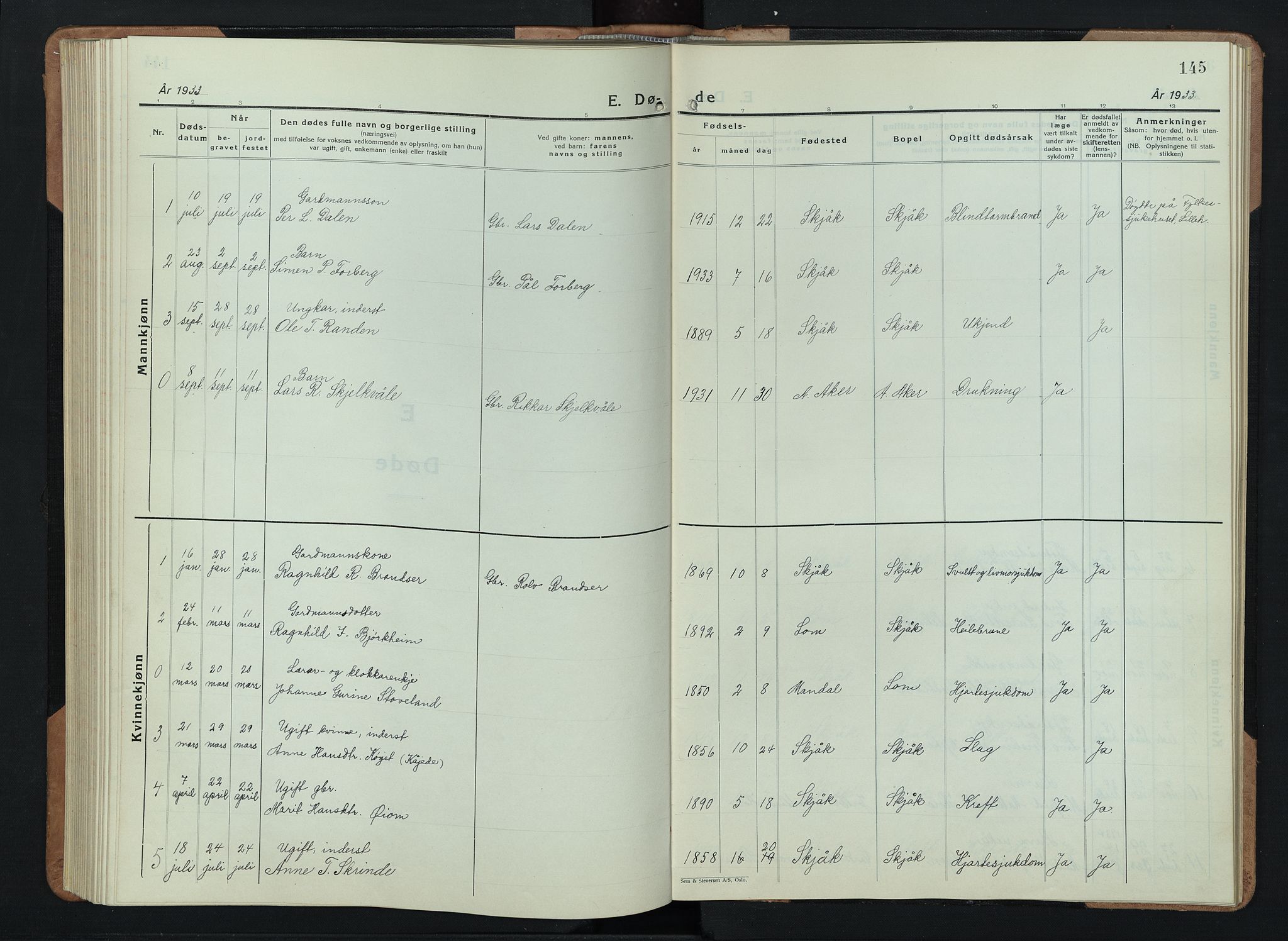 Skjåk prestekontor, SAH/PREST-072/H/Ha/Hab/L0006: Parish register (copy) no. 6, 1933-1954, p. 145