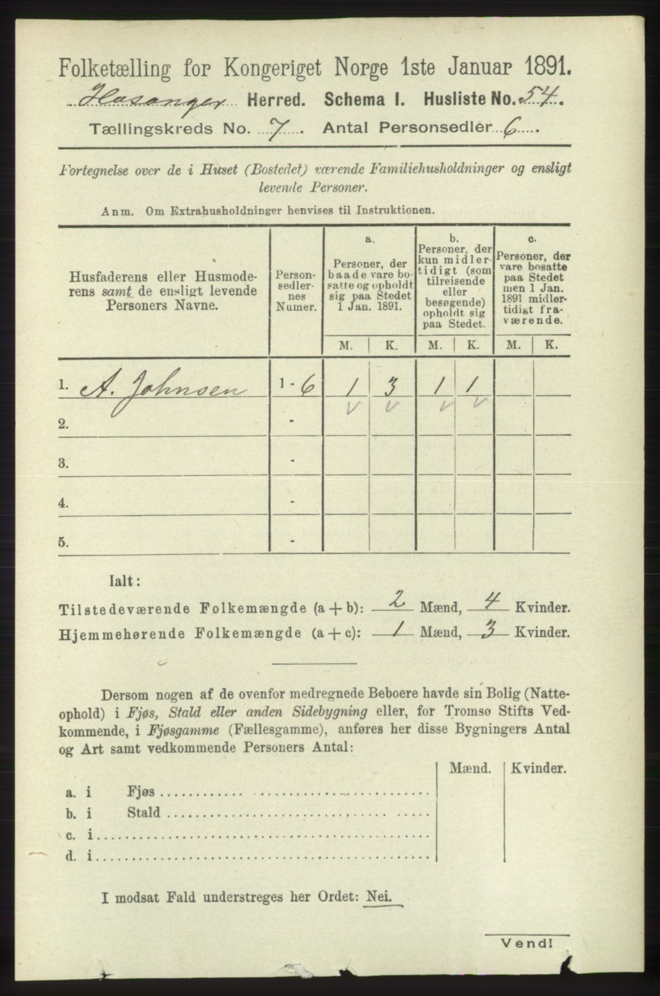 RA, 1891 census for 1253 Hosanger, 1891, p. 2487