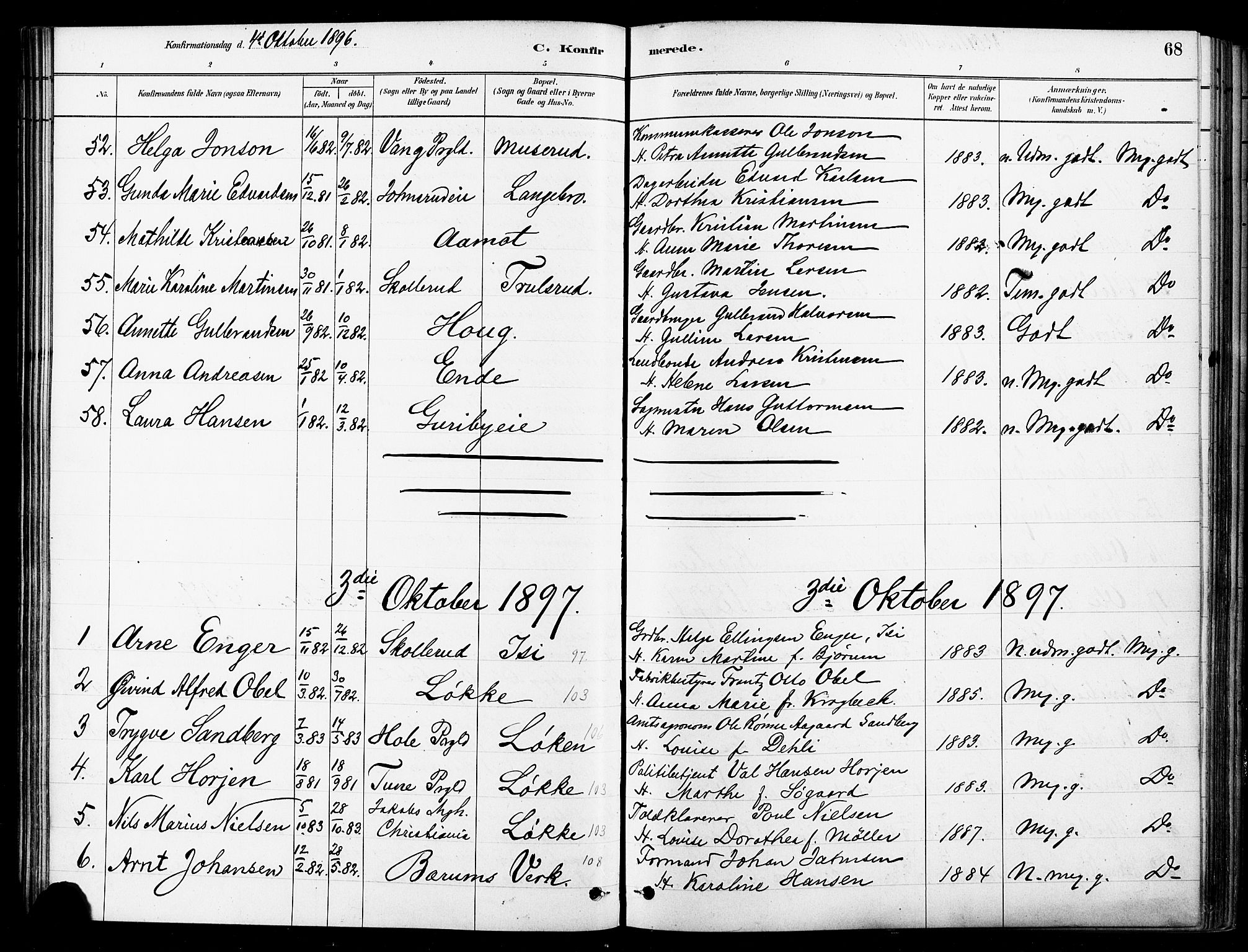 Asker prestekontor Kirkebøker, SAO/A-10256a/F/Fb/L0002: Parish register (official) no. II 2, 1879-1921, p. 68