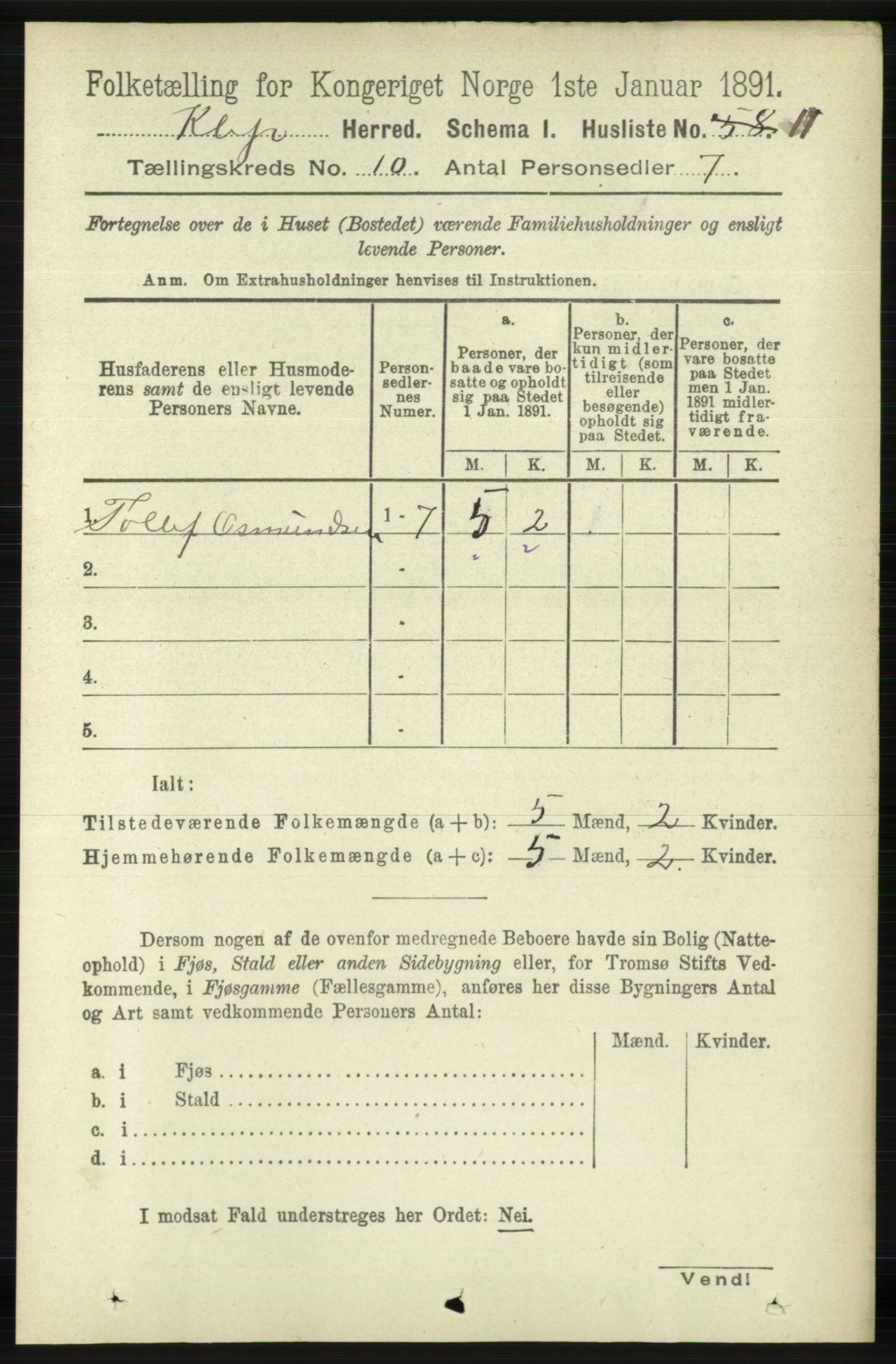 RA, 1891 census for 1120 Klepp, 1891, p. 2829