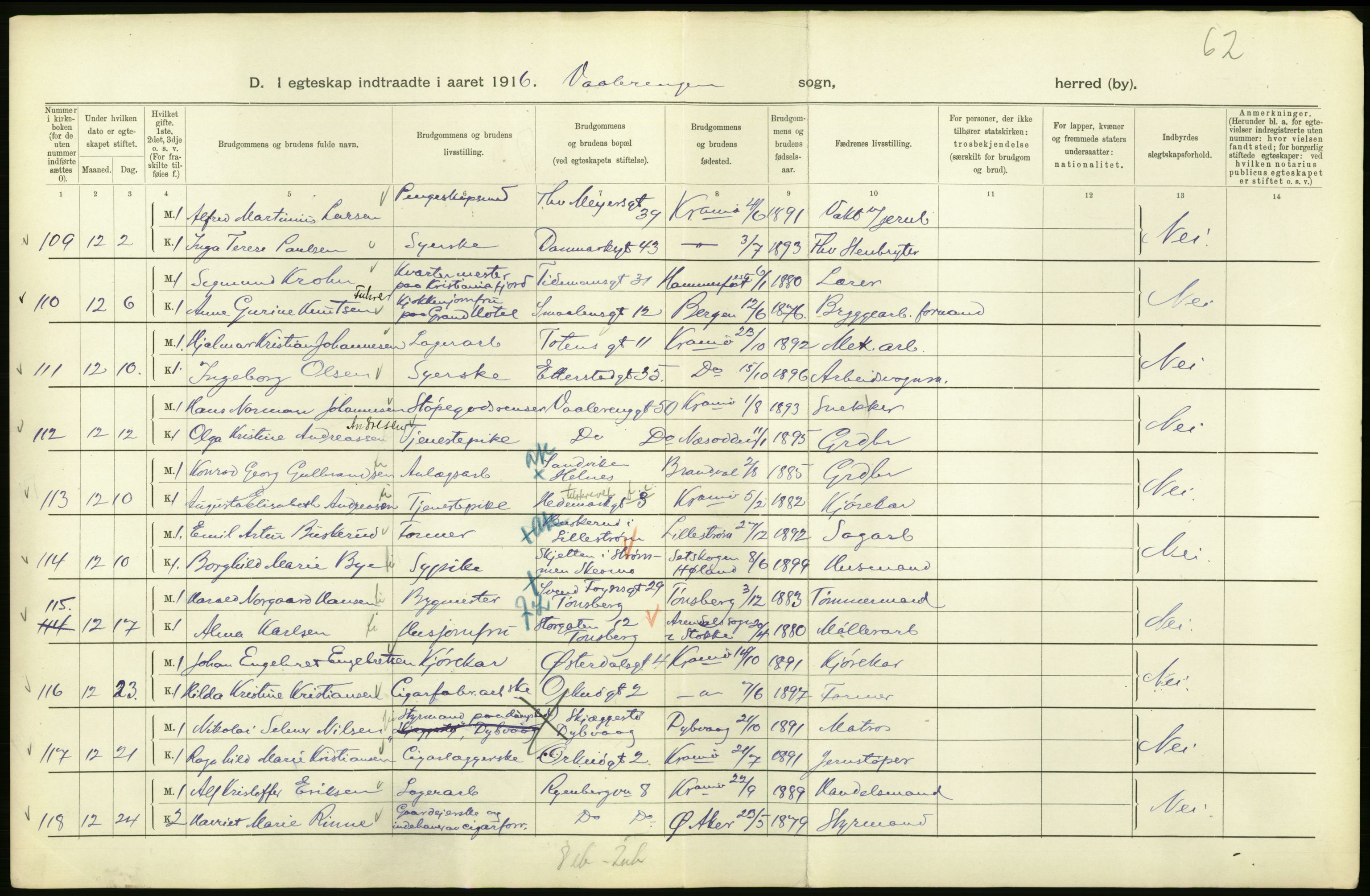 Statistisk sentralbyrå, Sosiodemografiske emner, Befolkning, RA/S-2228/D/Df/Dfb/Dfbf/L0008: Kristiania: Gifte, 1916, p. 820