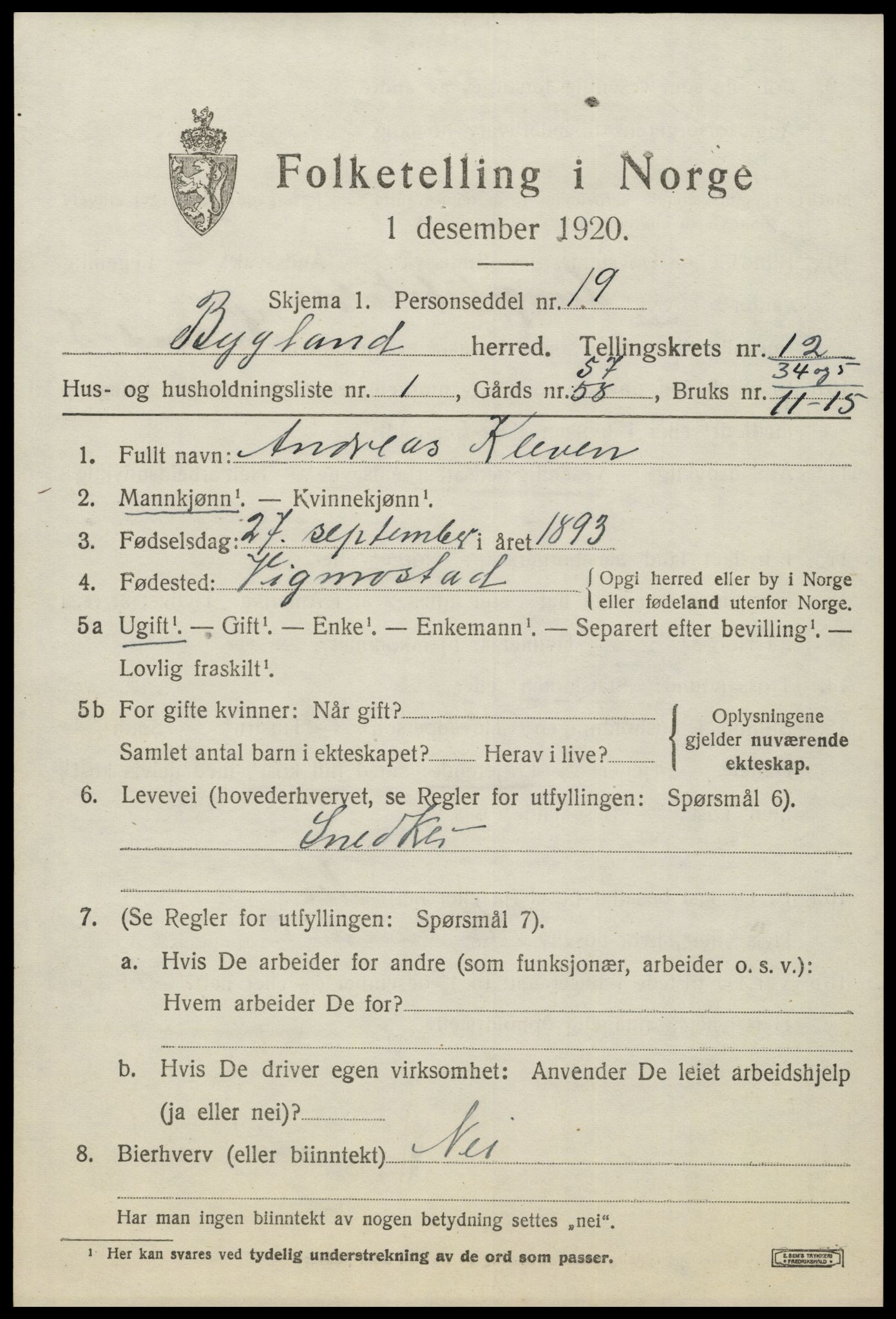 SAK, 1920 census for Bygland, 1920, p. 4497