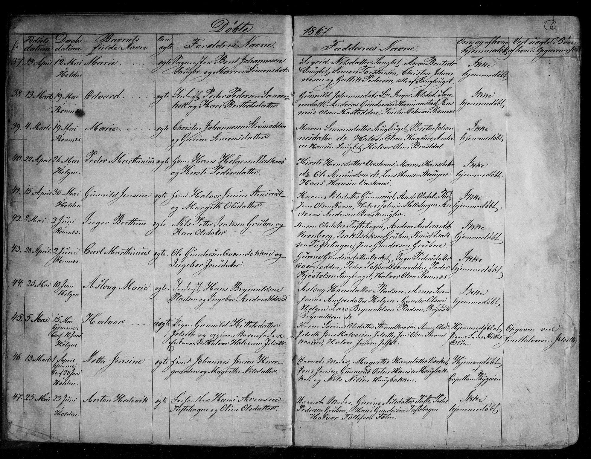 Holla kirkebøker, AV/SAKO-A-272/G/Ga/L0004: Parish register (copy) no. I 4, 1867-1890, p. 6