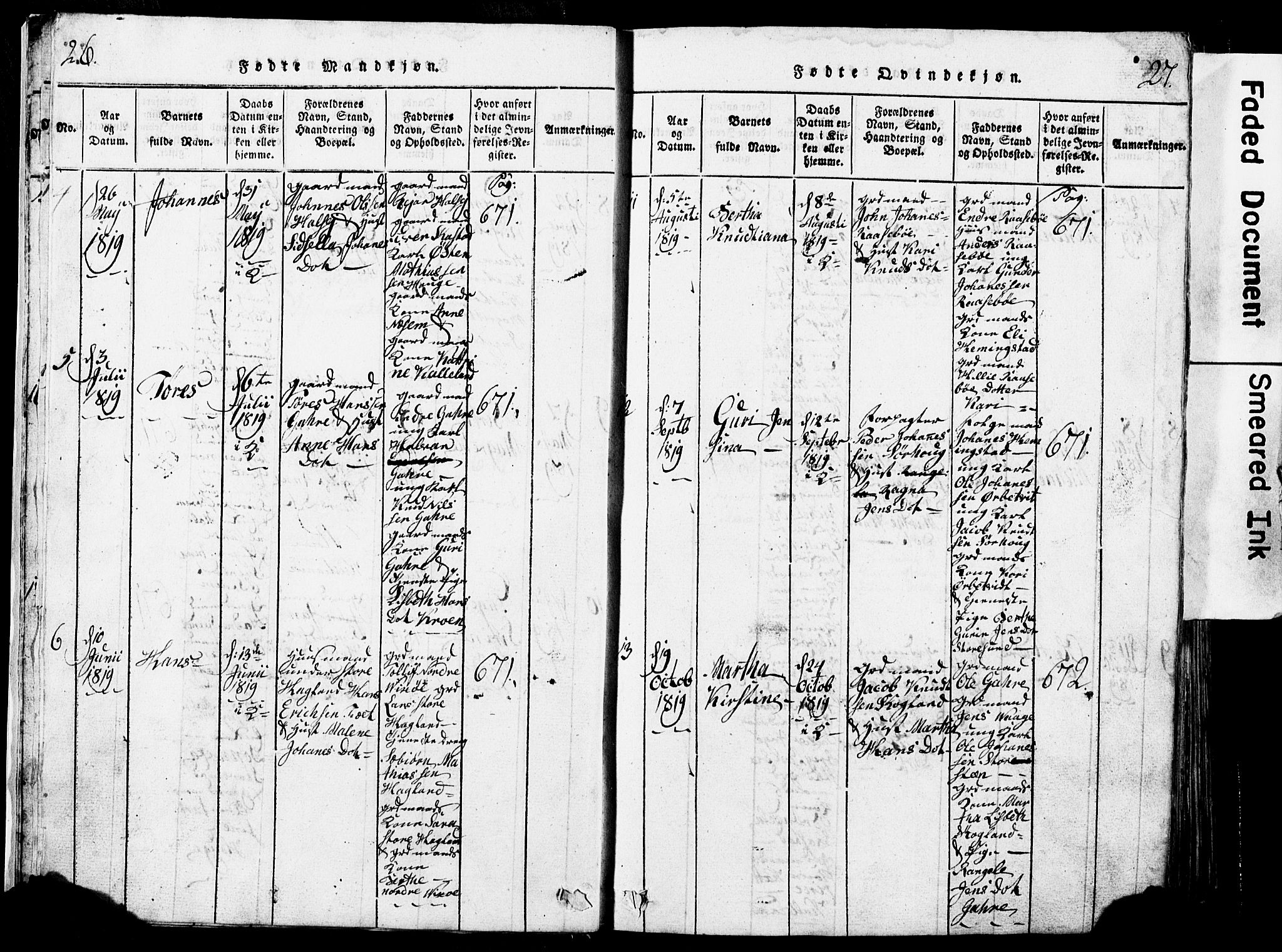 Torvastad sokneprestkontor, SAST/A -101857/H/Ha/Hab/L0002: Parish register (copy) no. B 2, 1817-1834, p. 26-27