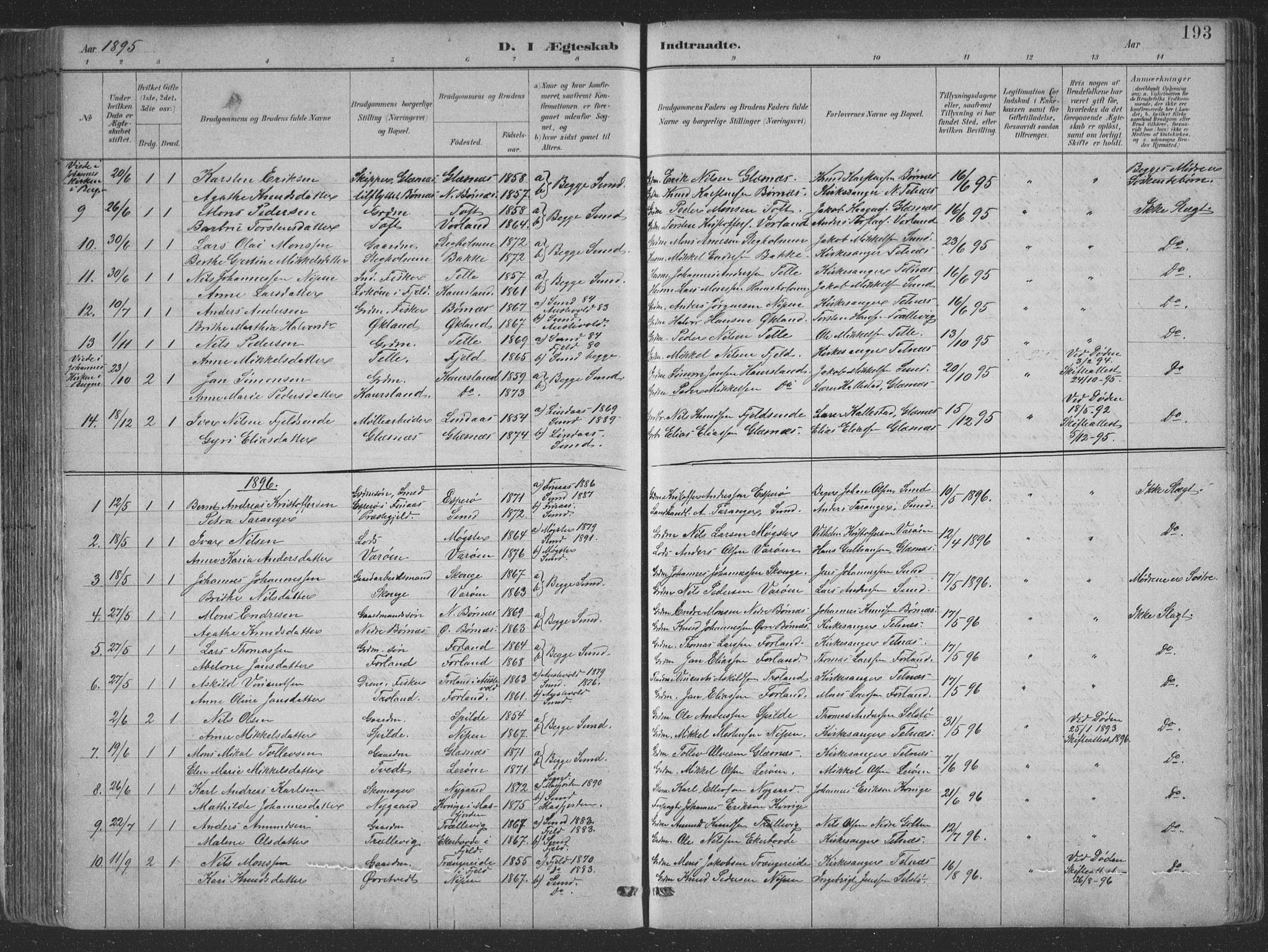 Sund sokneprestembete, SAB/A-99930: Parish register (copy) no. B 3, 1882-1911, p. 193