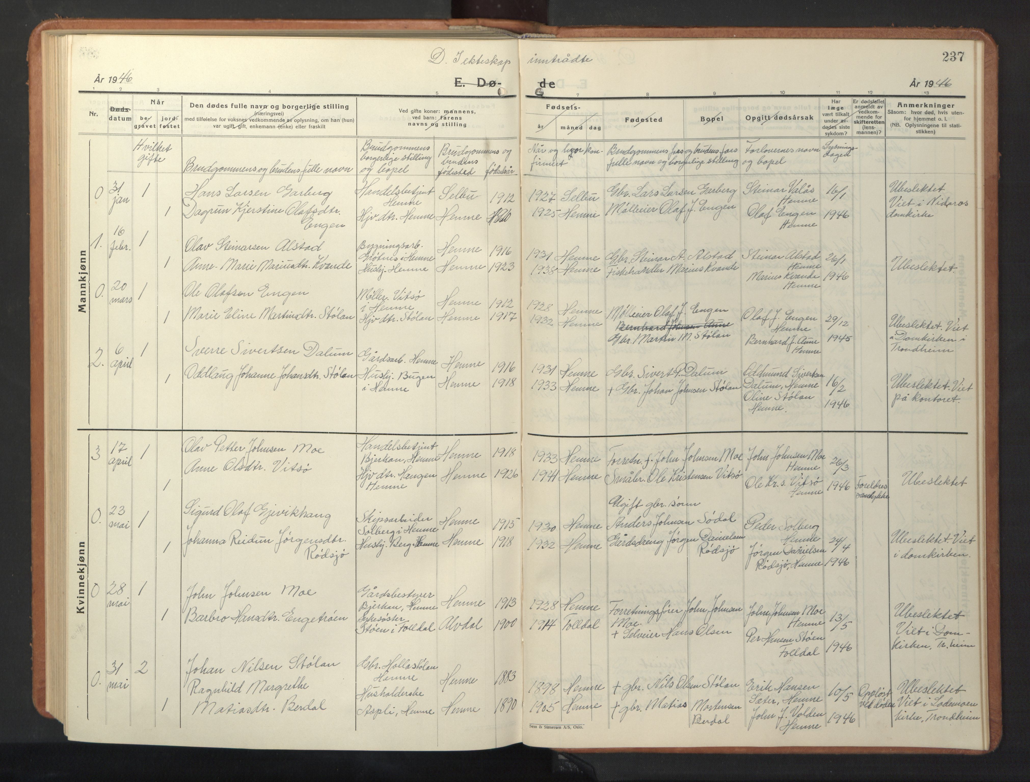 Ministerialprotokoller, klokkerbøker og fødselsregistre - Sør-Trøndelag, SAT/A-1456/630/L0508: Parish register (copy) no. 630C06, 1933-1950, p. 237