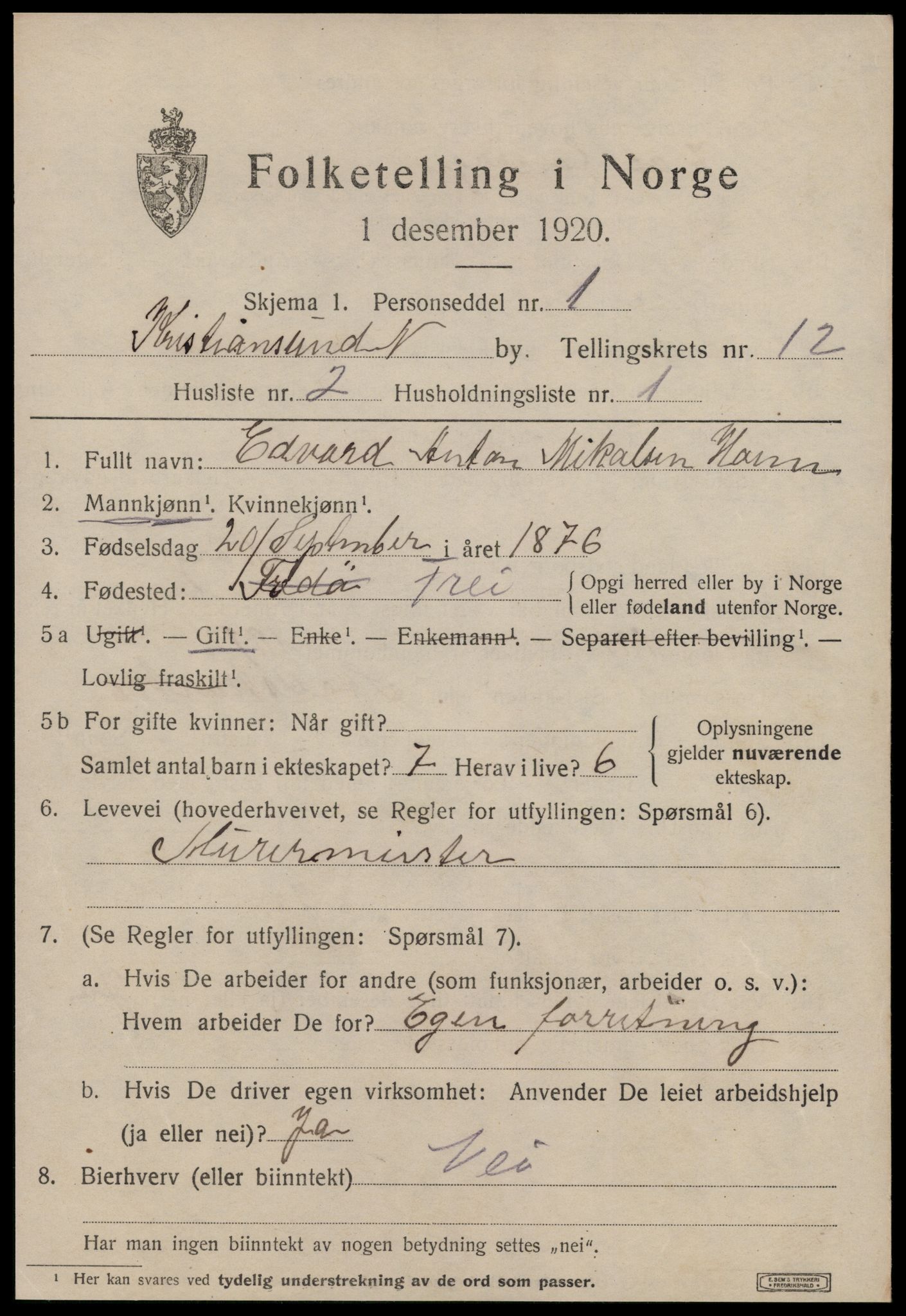 SAT, 1920 census for Kristiansund, 1920, p. 25273