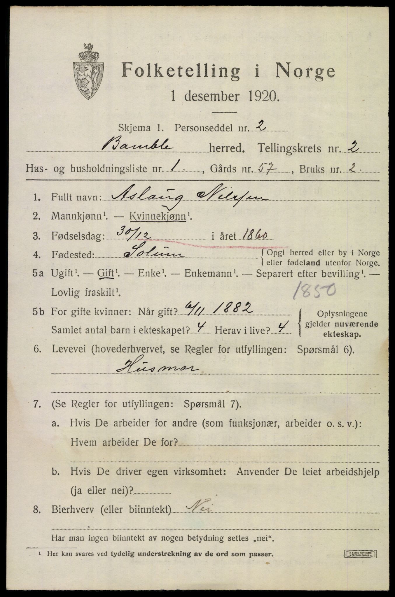 SAKO, 1920 census for Bamble, 1920, p. 2849