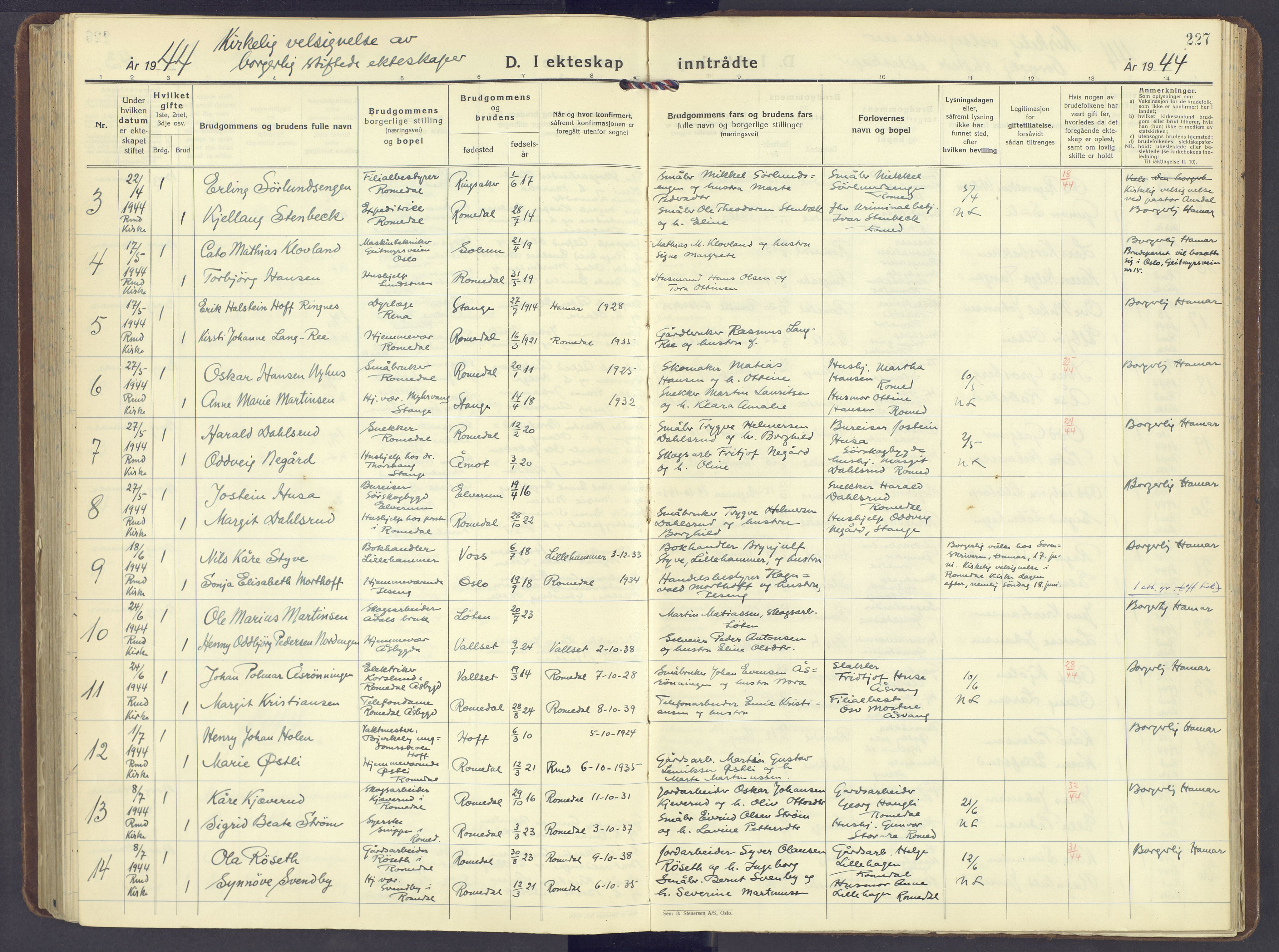 Romedal prestekontor, AV/SAH-PREST-004/K/L0014: Parish register (official) no. 14, 1936-1949, p. 227