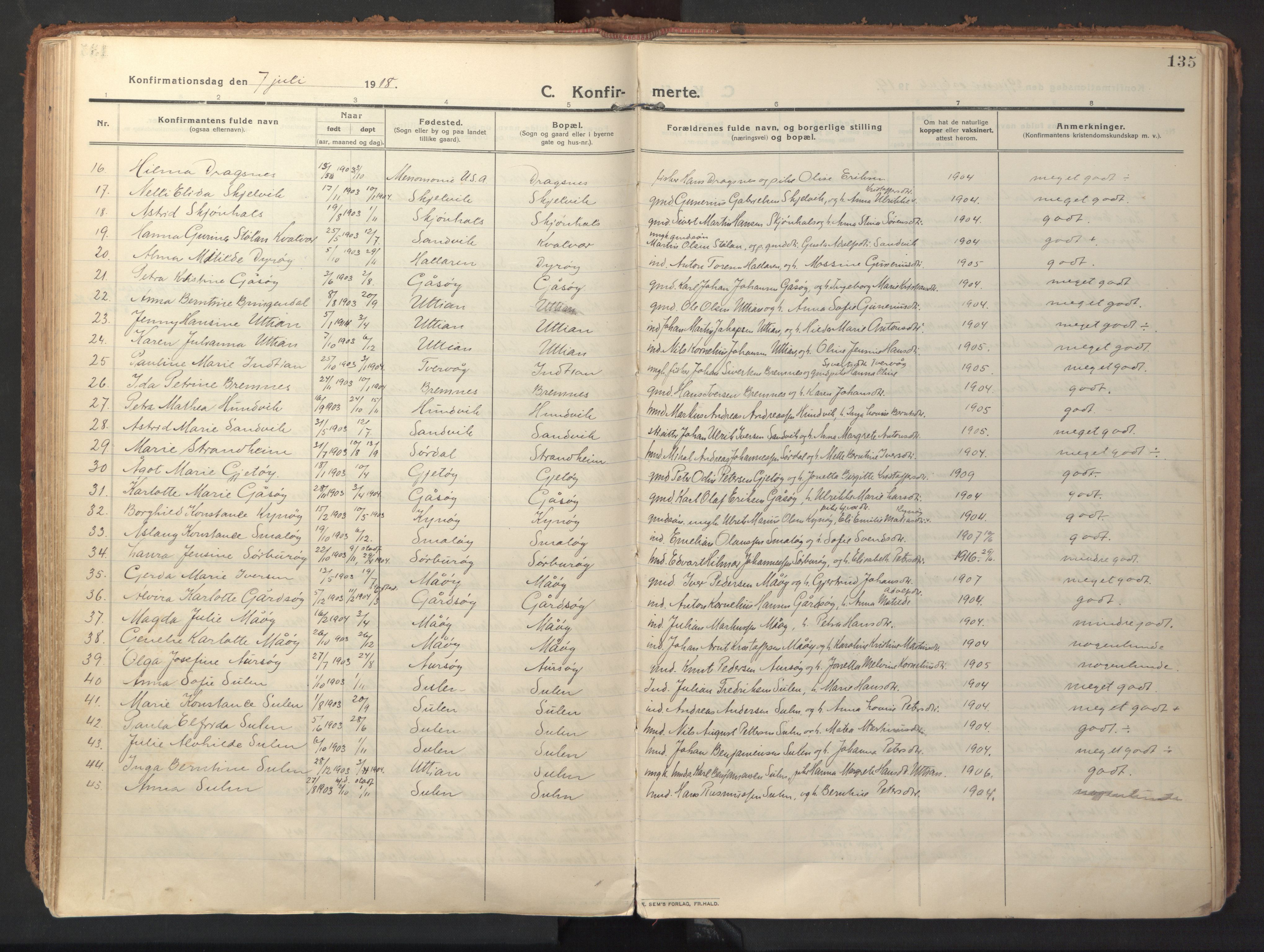 Ministerialprotokoller, klokkerbøker og fødselsregistre - Sør-Trøndelag, SAT/A-1456/640/L0581: Parish register (official) no. 640A06, 1910-1924, p. 135