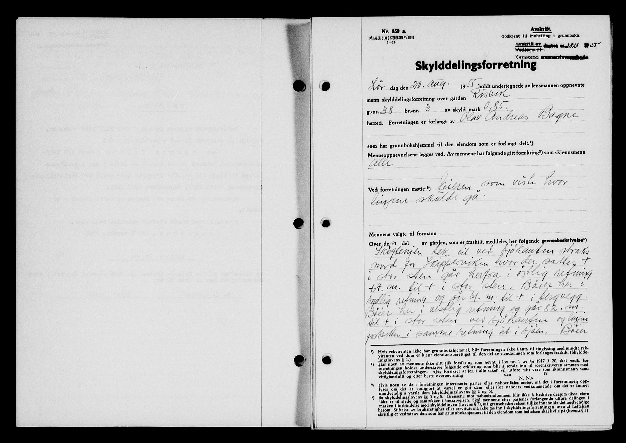 Karmsund sorenskriveri, SAST/A-100311/01/II/IIB/L0117: Mortgage book no. 97Aa, 1955-1955, Diary no: : 2813/1955