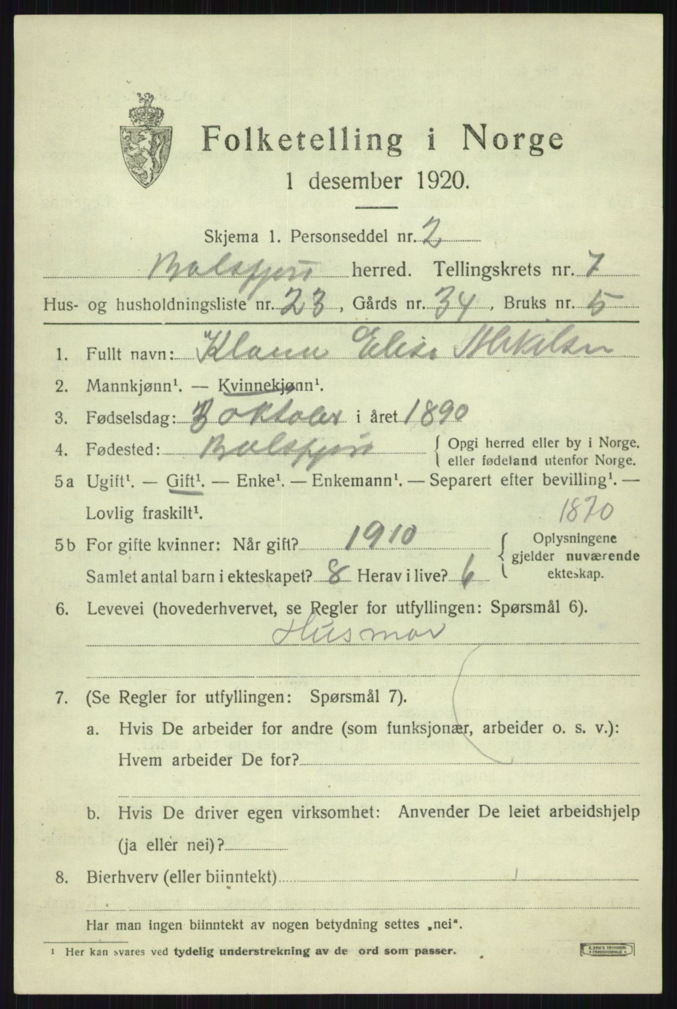 SATØ, 1920 census for Balsfjord, 1920, p. 4464