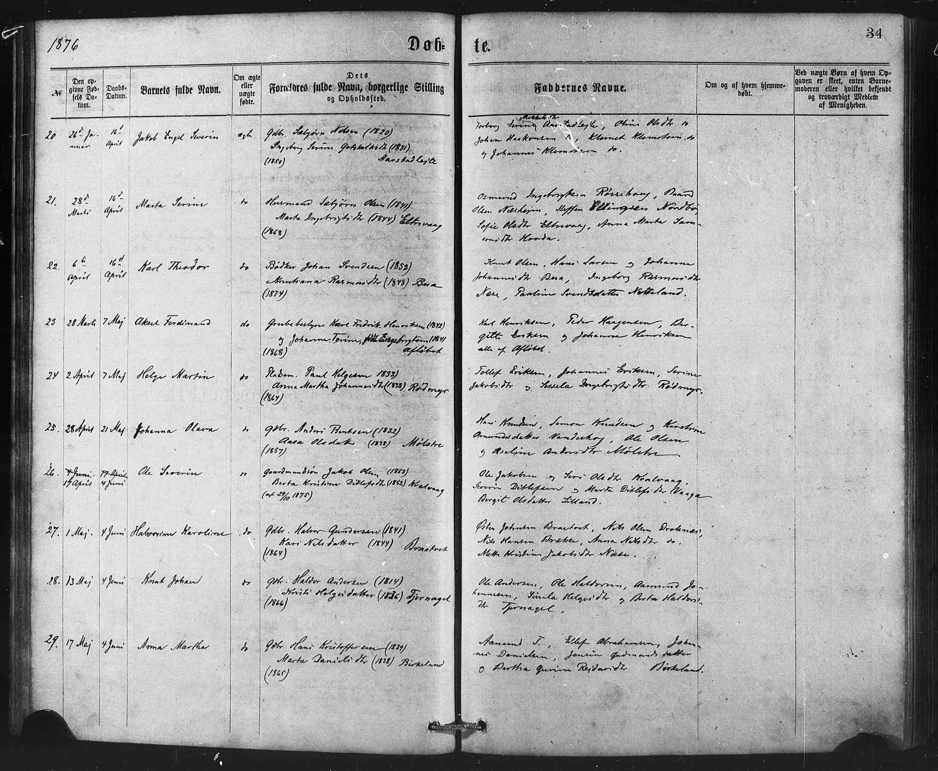 Sveio Sokneprestembete, AV/SAB-A-78501/H/Haa: Parish register (official) no. B 1, 1870-1883, p. 34