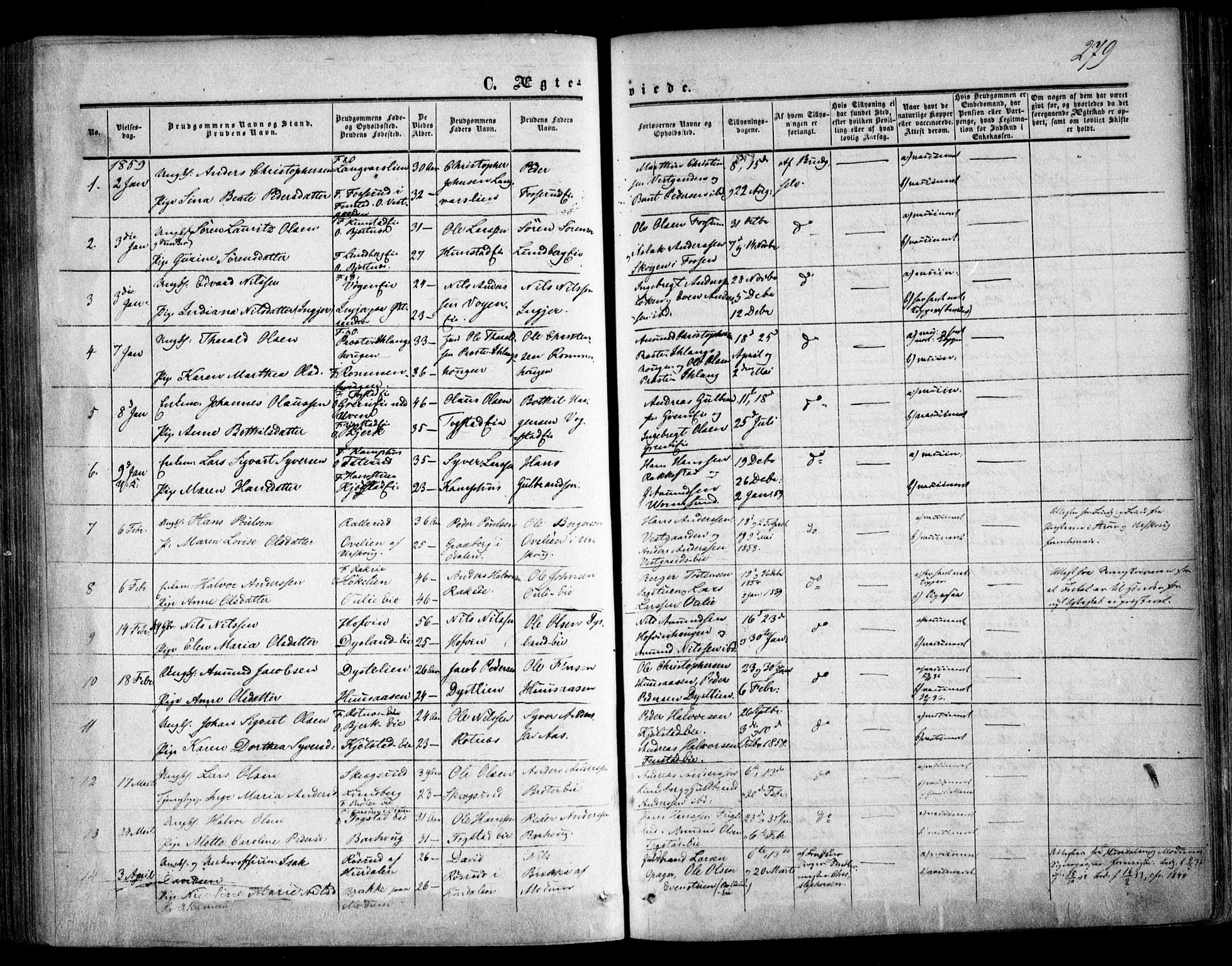 Nes prestekontor Kirkebøker, SAO/A-10410/F/Fa/L0008: Parish register (official) no. I 8, 1859-1874, p. 279