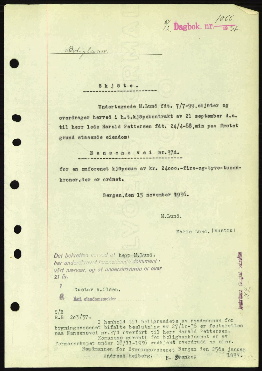 Byfogd og Byskriver i Bergen, SAB/A-3401/03/03Bc/L0004: Mortgage book no. A3-4, 1936-1937, Diary no: : 1066/1937