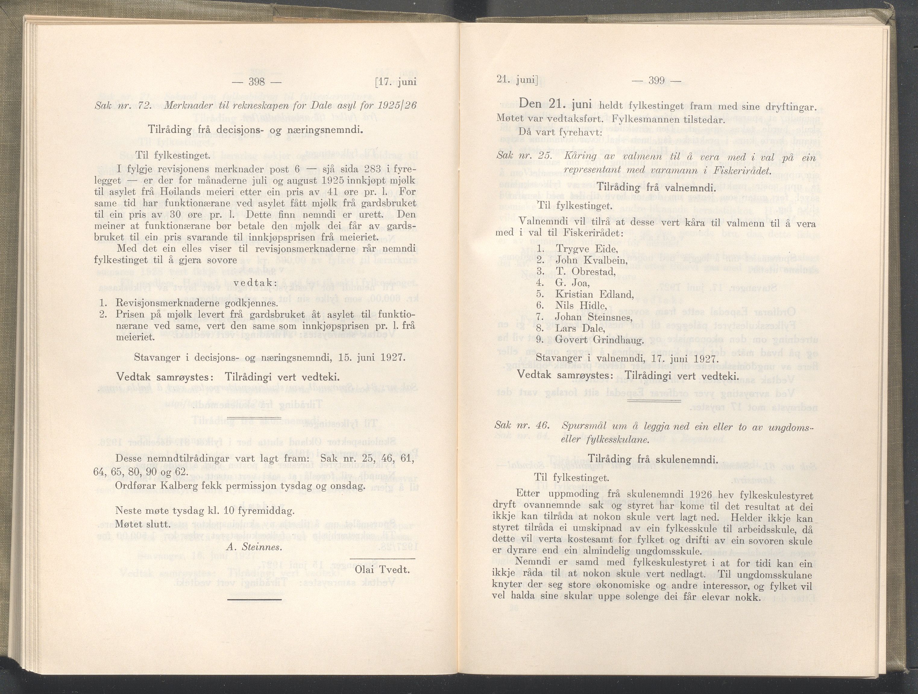 Rogaland fylkeskommune - Fylkesrådmannen , IKAR/A-900/A/Aa/Aaa/L0046: Møtebok , 1927, p. 398-399