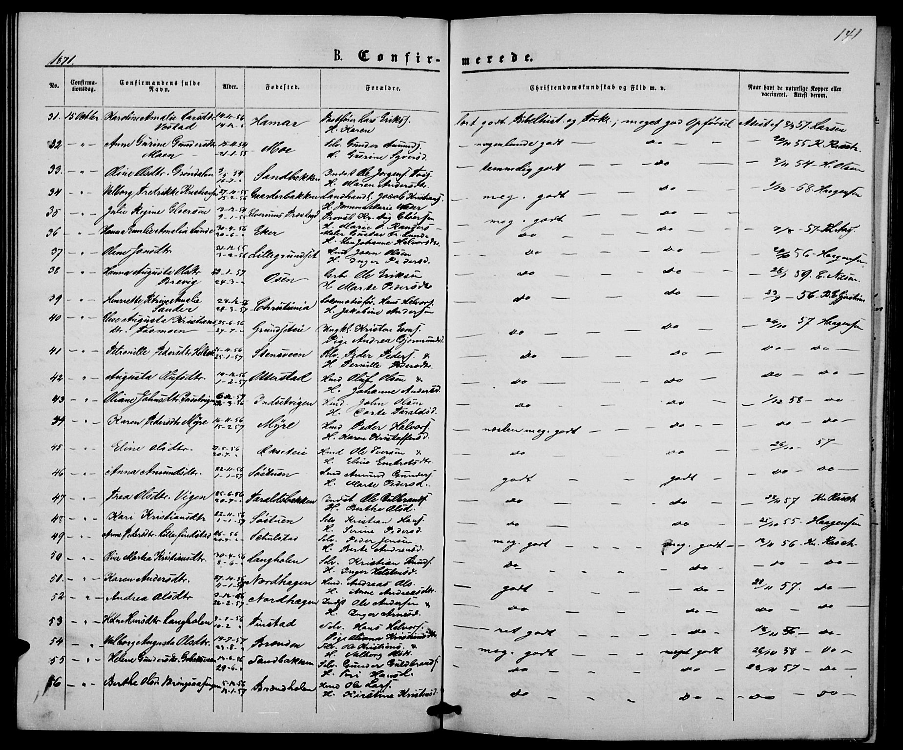 Elverum prestekontor, AV/SAH-PREST-044/H/Ha/Hab/L0004: Parish register (copy) no. 4, 1866-1874, p. 141