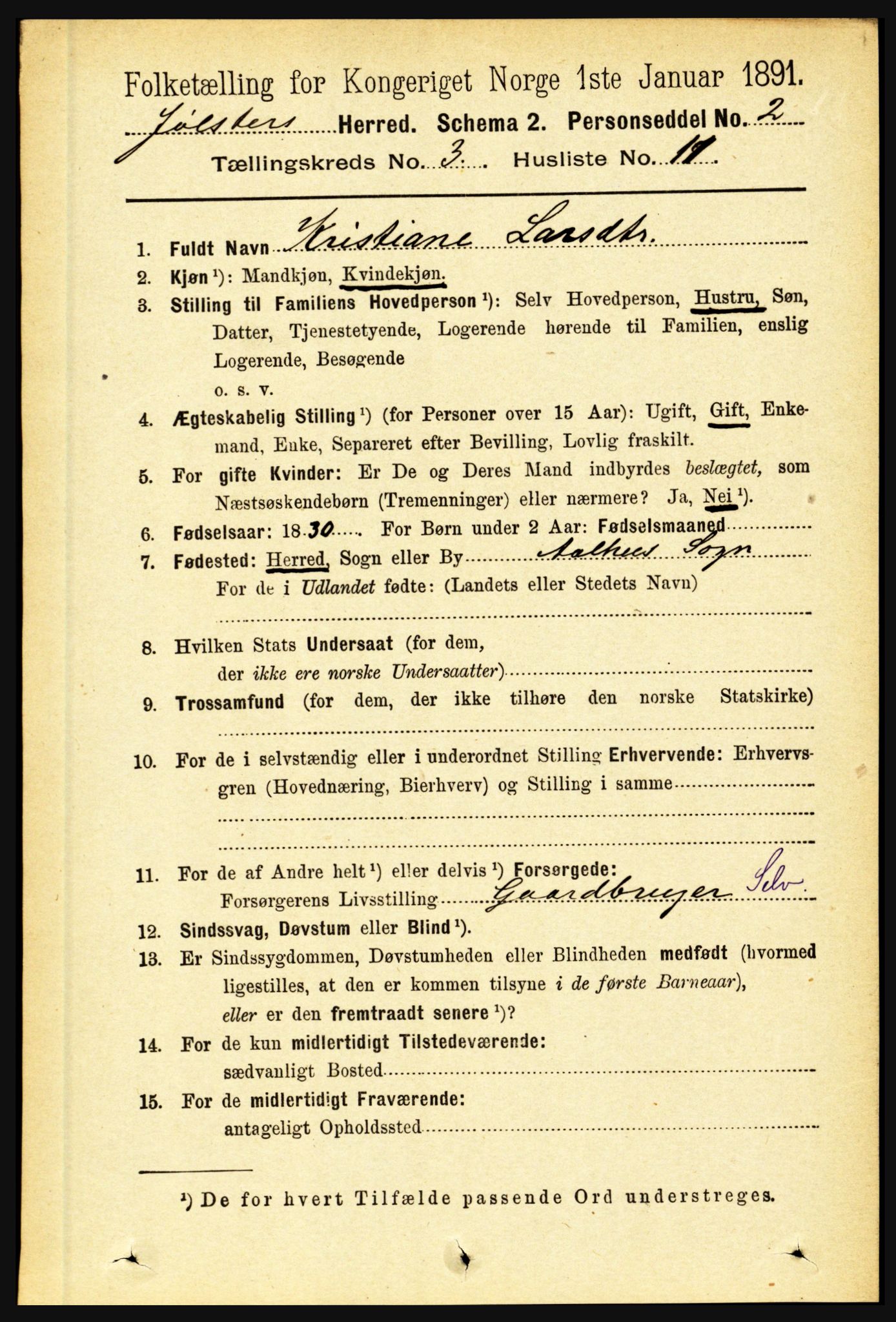 RA, 1891 census for 1431 Jølster, 1891, p. 1045