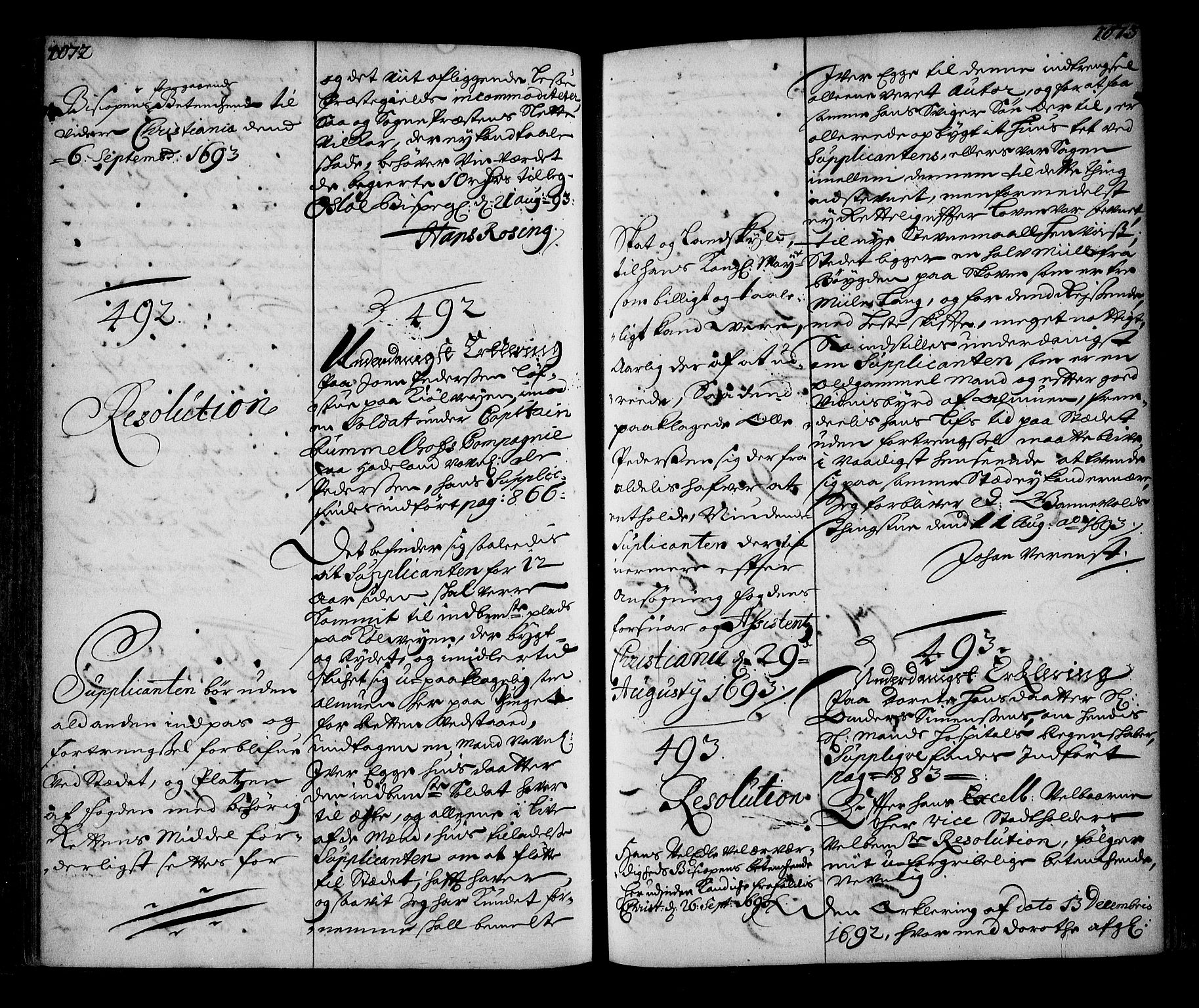 Stattholderembetet 1572-1771, AV/RA-EA-2870/Ae/L0010: Supplikasjons- og resolusjonsprotokoll, 1692-1693, p. 1072-1073