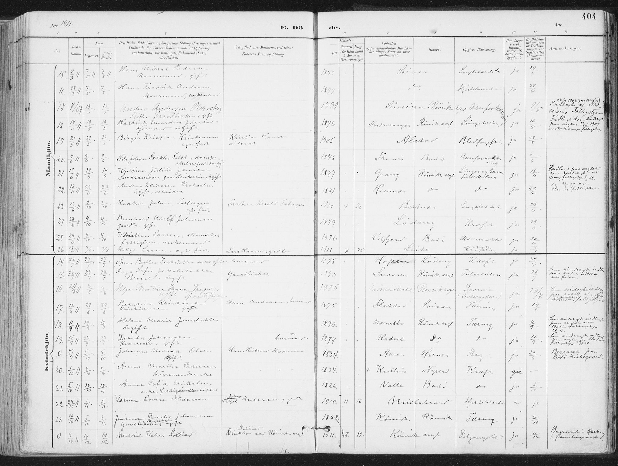 Ministerialprotokoller, klokkerbøker og fødselsregistre - Nordland, AV/SAT-A-1459/802/L0055: Parish register (official) no. 802A02, 1894-1915, p. 404