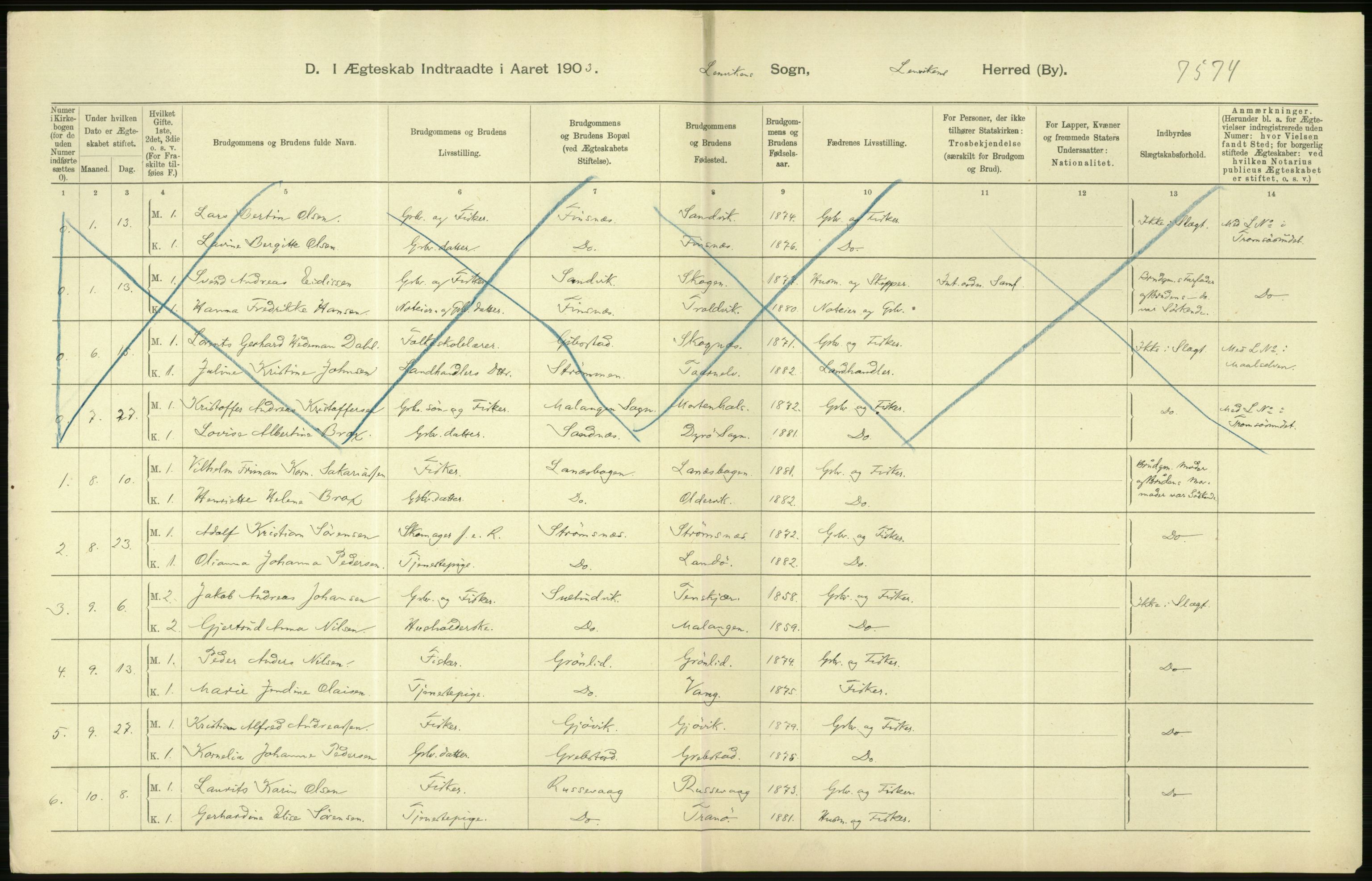 Statistisk sentralbyrå, Sosiodemografiske emner, Befolkning, AV/RA-S-2228/D/Df/Dfa/Dfaa/L0021: Tromsø amt: Fødte, gifte, døde., 1903, p. 328