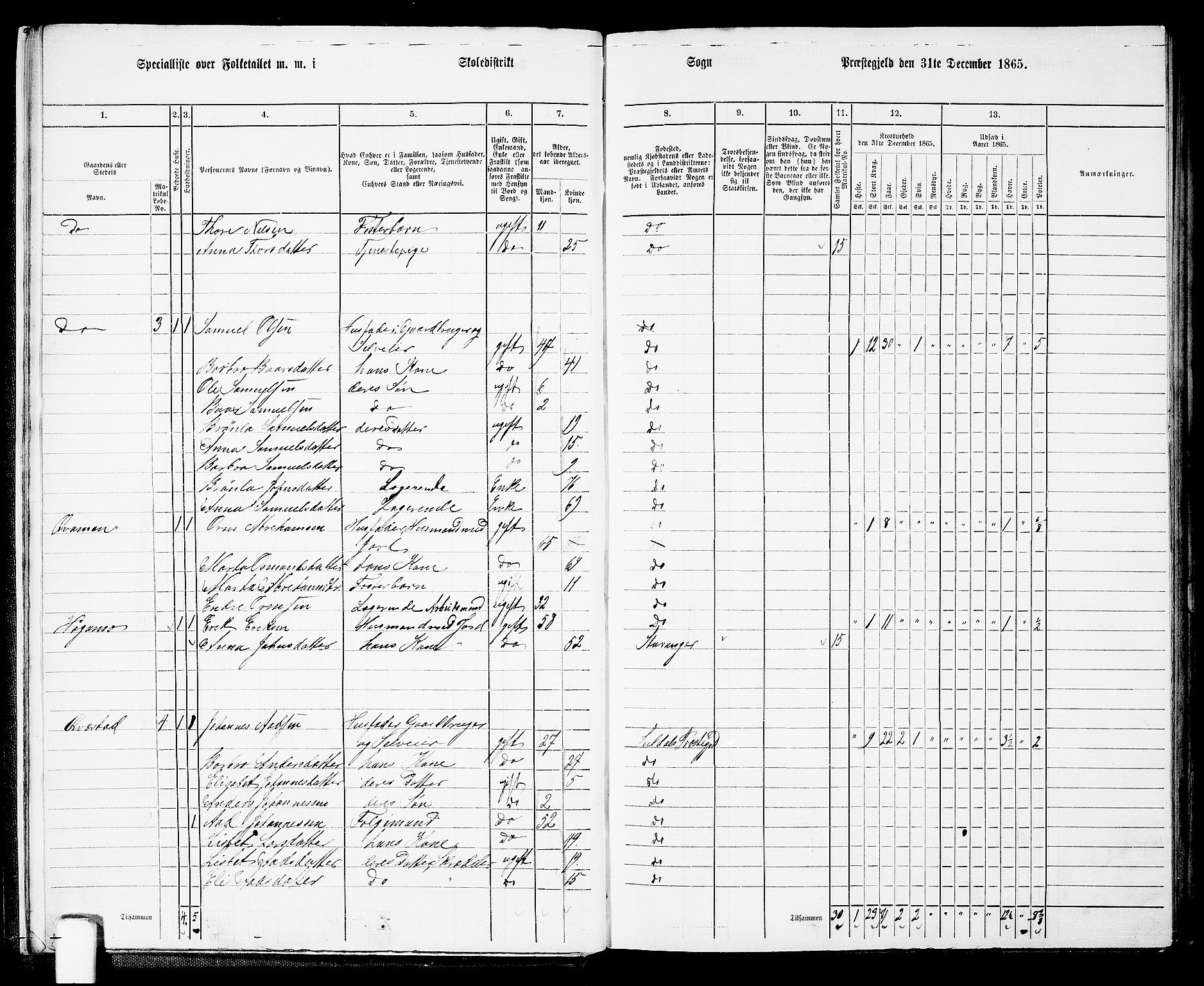 RA, 1865 census for Suldal, 1865, p. 13