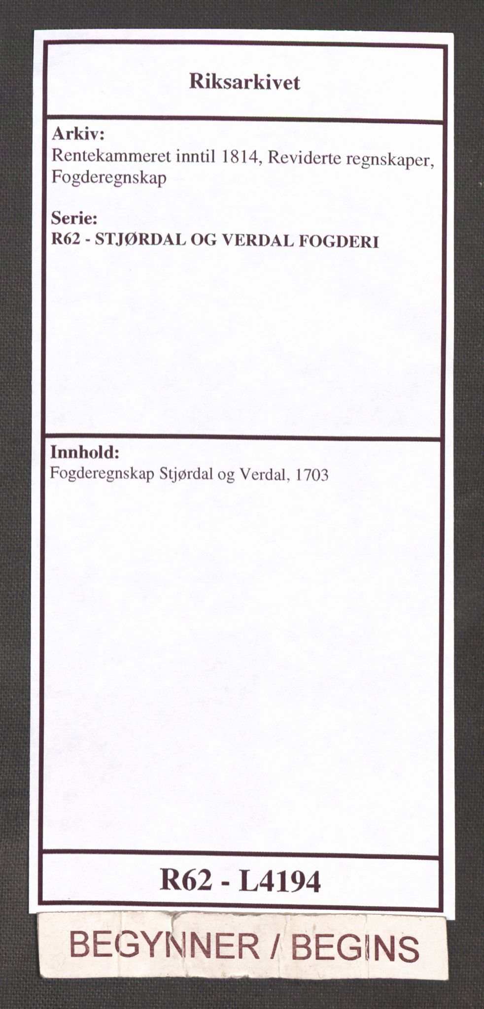 Rentekammeret inntil 1814, Reviderte regnskaper, Fogderegnskap, AV/RA-EA-4092/R62/L4194: Fogderegnskap Stjørdal og Verdal, 1703, p. 1