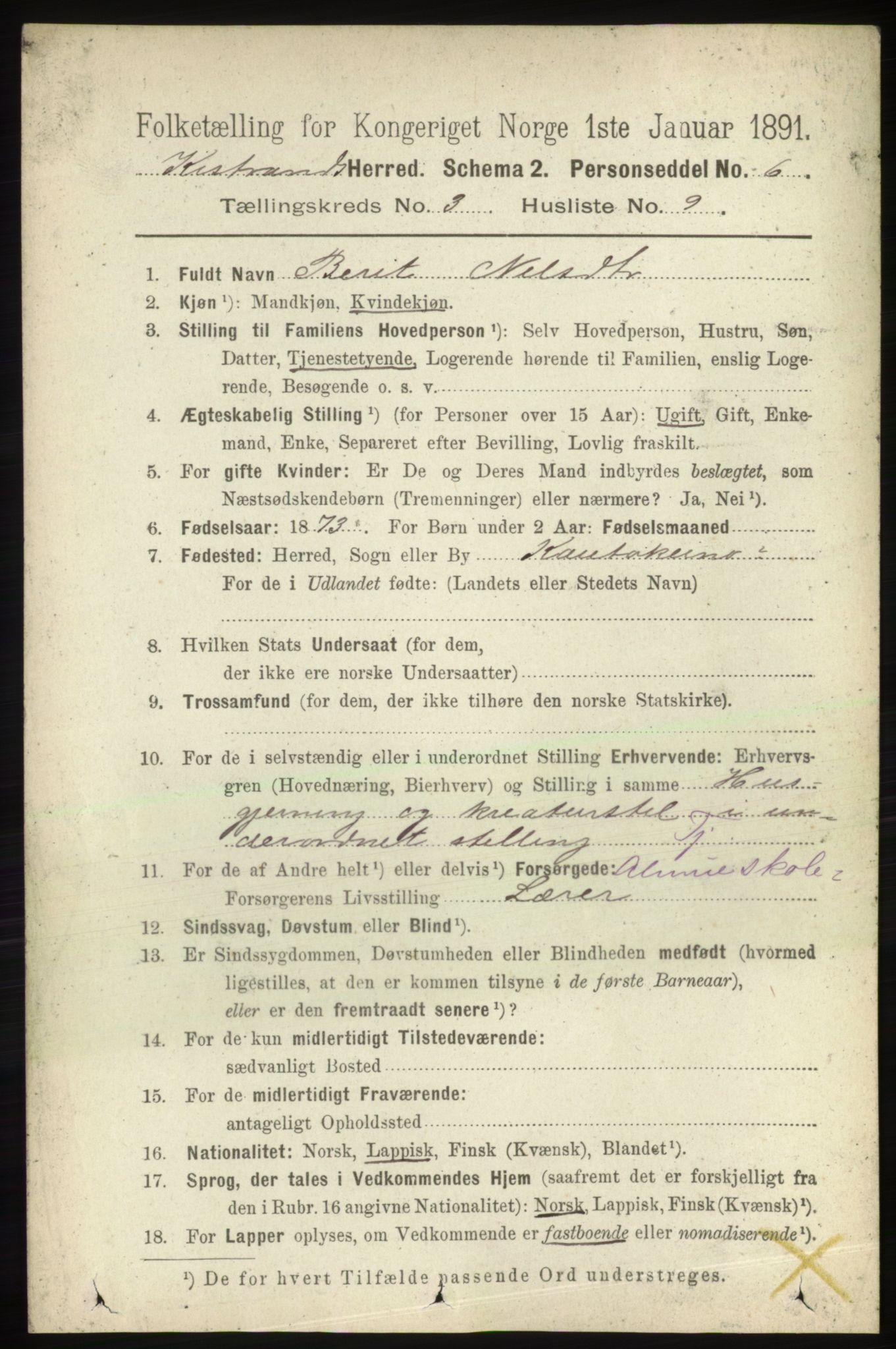 RA, 1891 census for 2020 Kistrand, 1891, p. 1326