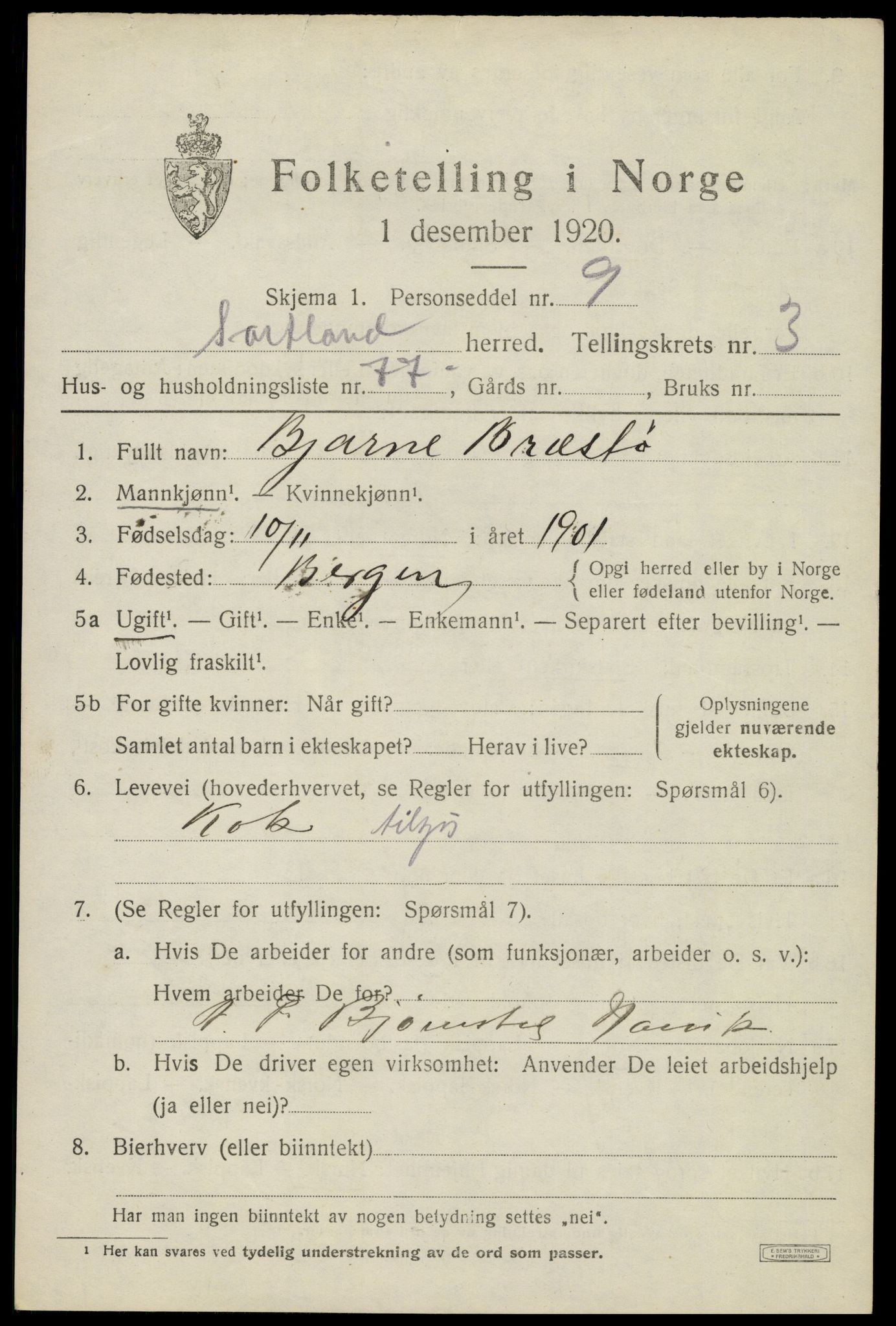 SAT, 1920 census for Sortland, 1920, p. 4820