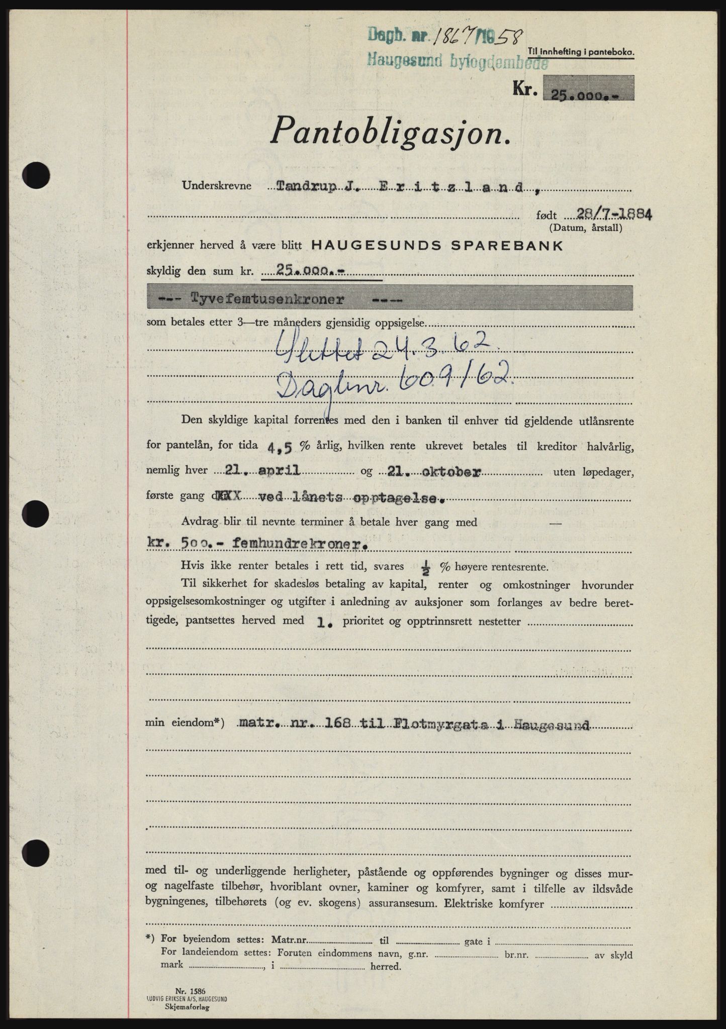 Haugesund tingrett, SAST/A-101415/01/II/IIC/L0044: Mortgage book no. B 44, 1958-1959, Diary no: : 1867/1958