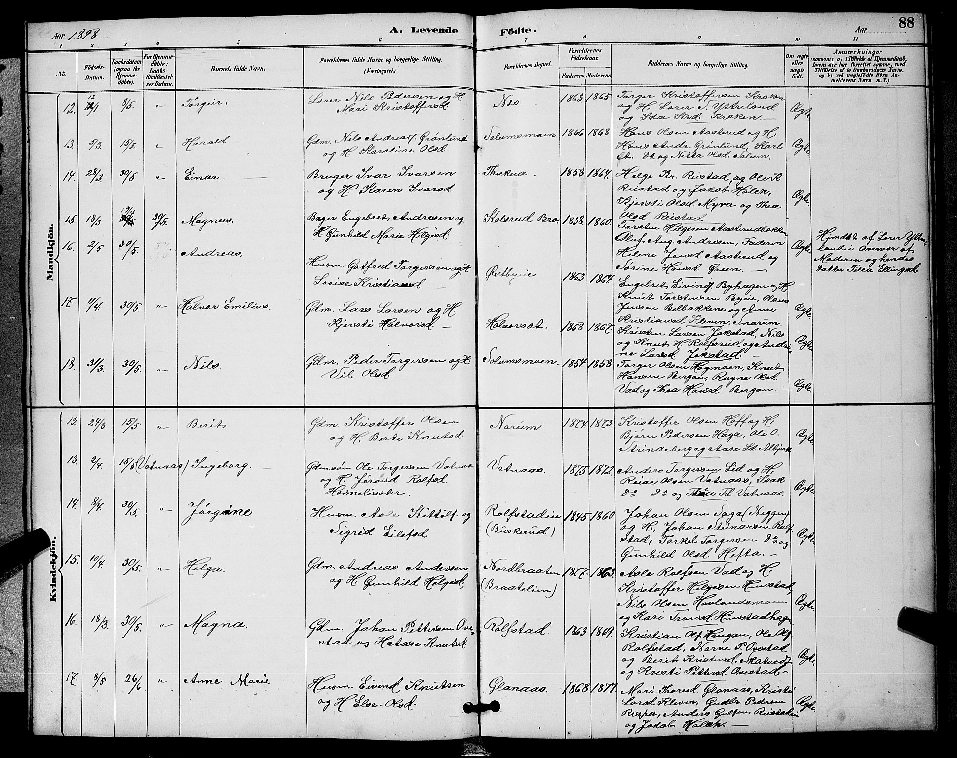 Sigdal kirkebøker, AV/SAKO-A-245/G/Ga/L0005: Parish register (copy) no. I 5, 1886-1900, p. 88