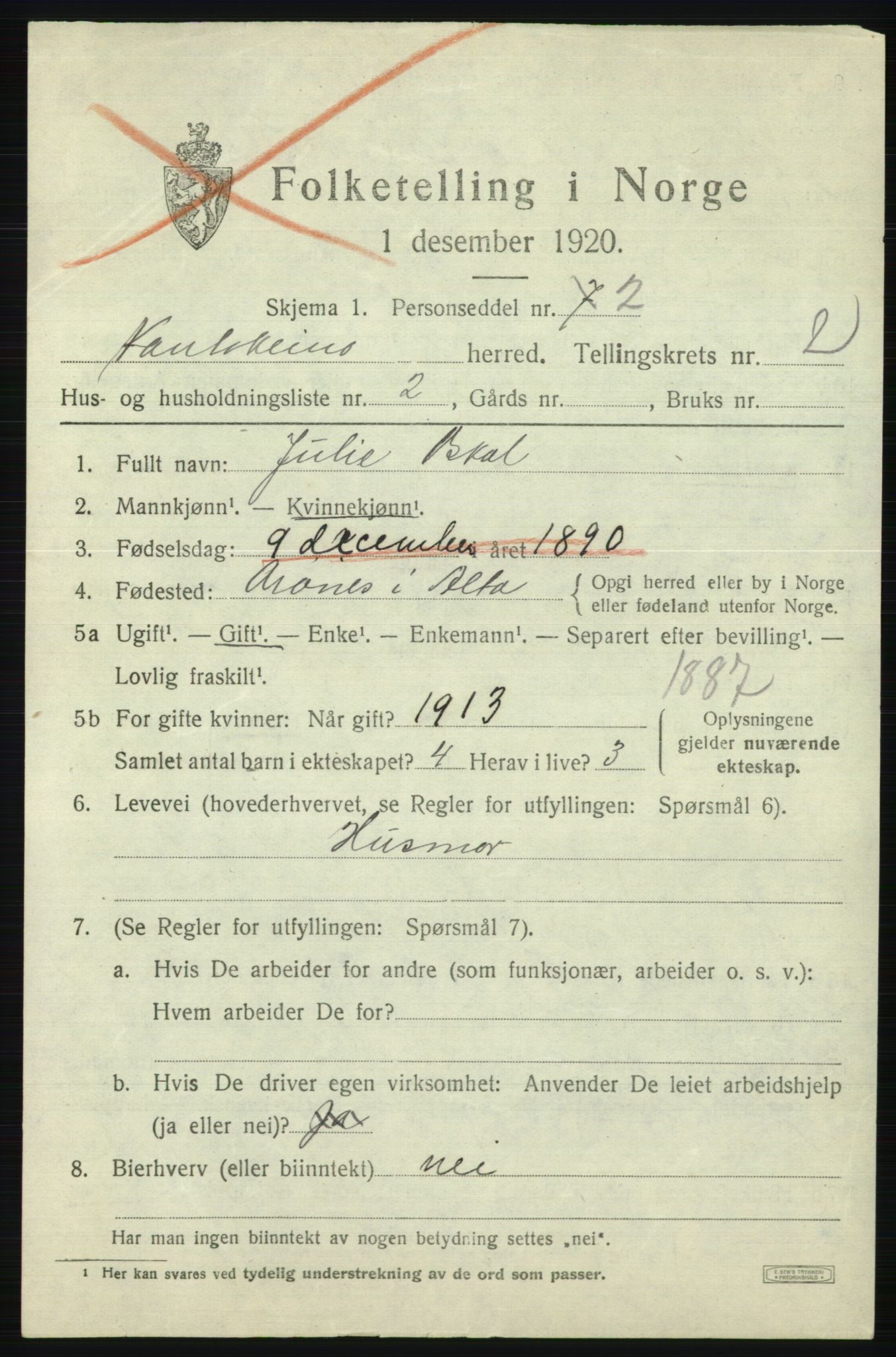 SATØ, 1920 census for Kautokeino, 1920, p. 845