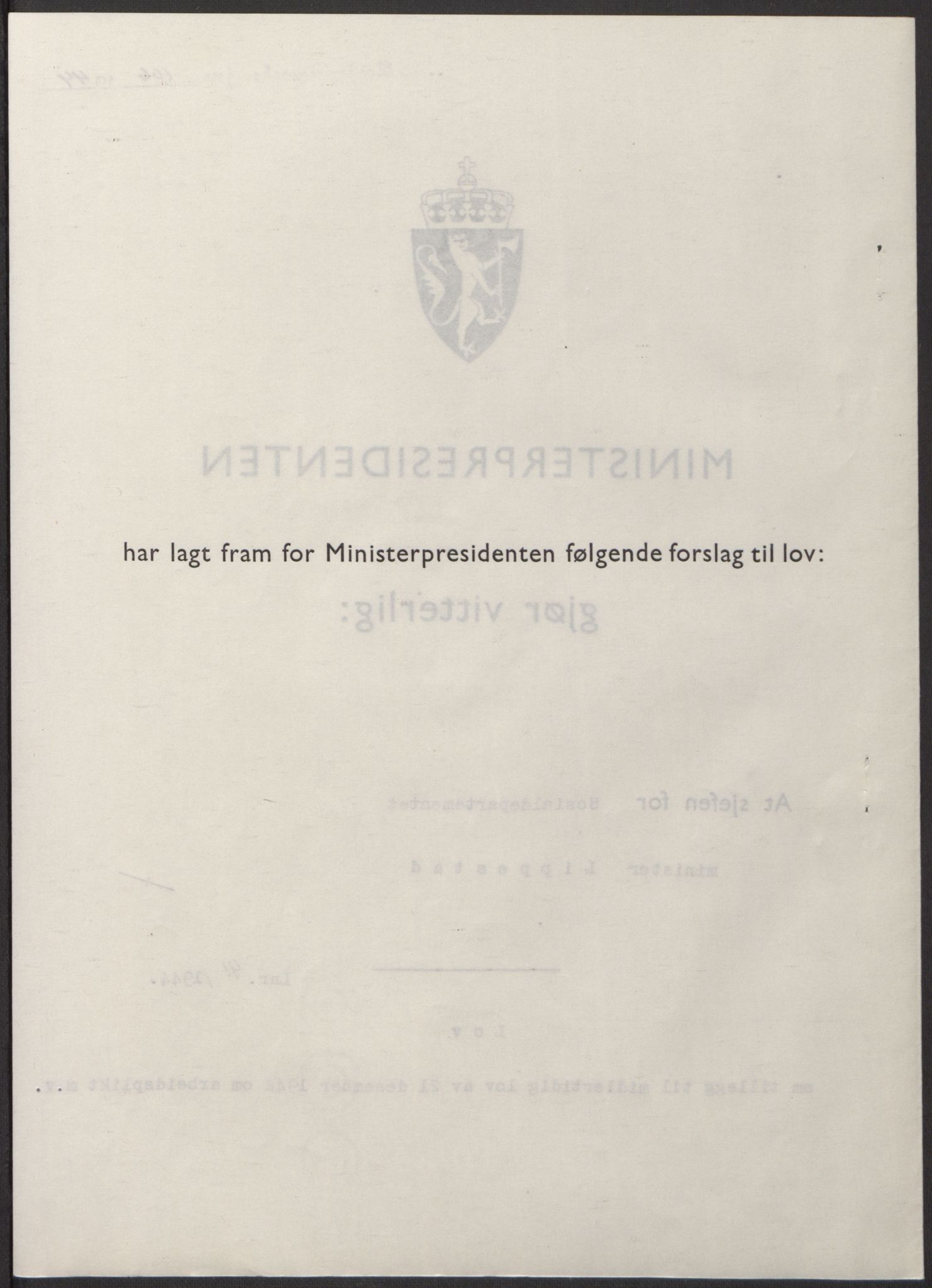 NS-administrasjonen 1940-1945 (Statsrådsekretariatet, de kommisariske statsråder mm), RA/S-4279/D/Db/L0100: Lover, 1944, p. 198