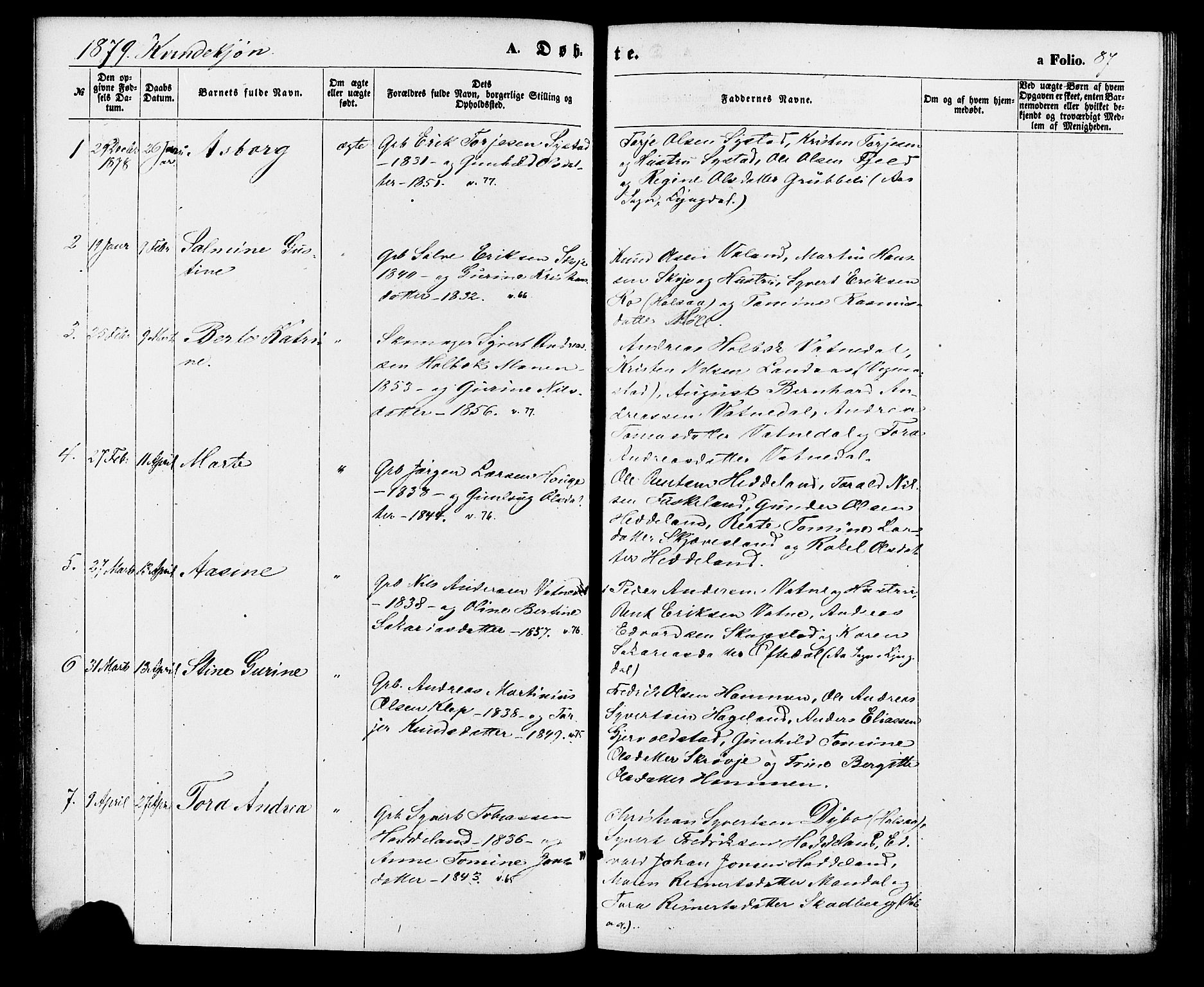 Holum sokneprestkontor, AV/SAK-1111-0022/F/Fa/Faa/L0006: Parish register (official) no. A 6, 1865-1883, p. 87