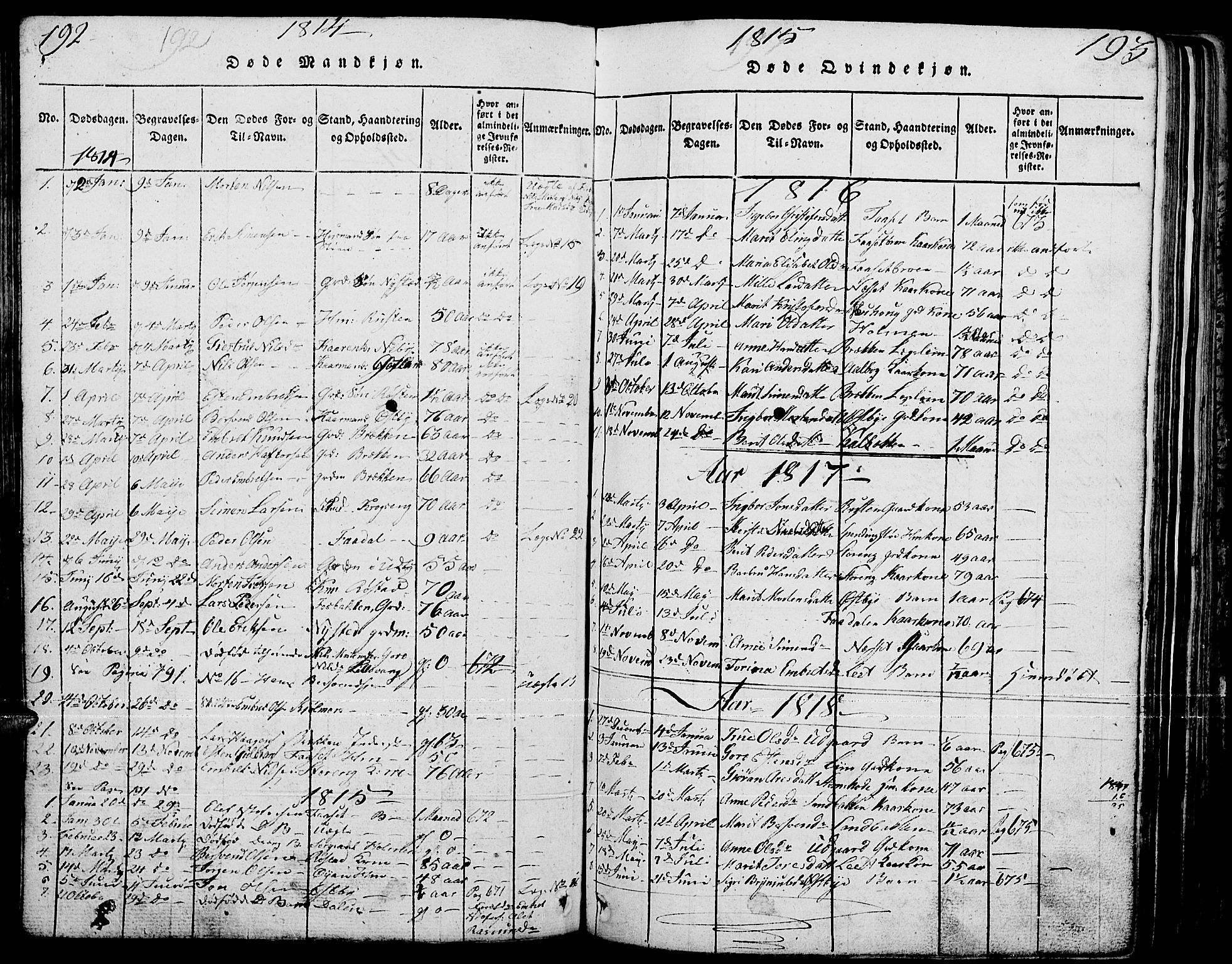 Tynset prestekontor, AV/SAH-PREST-058/H/Ha/Hab/L0001: Parish register (copy) no. 1, 1814-1859, p. 192-193