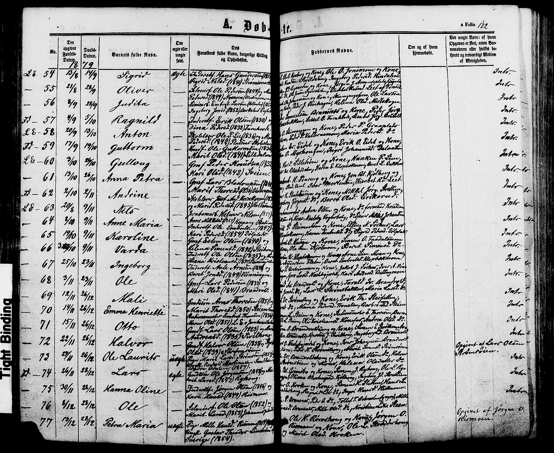 Alvdal prestekontor, AV/SAH-PREST-060/H/Ha/Haa/L0001: Parish register (official) no. 1, 1863-1882, p. 182