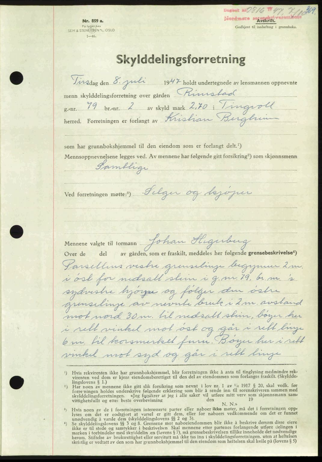 Nordmøre sorenskriveri, AV/SAT-A-4132/1/2/2Ca: Mortgage book no. A106, 1947-1947, Diary no: : 2316/1947