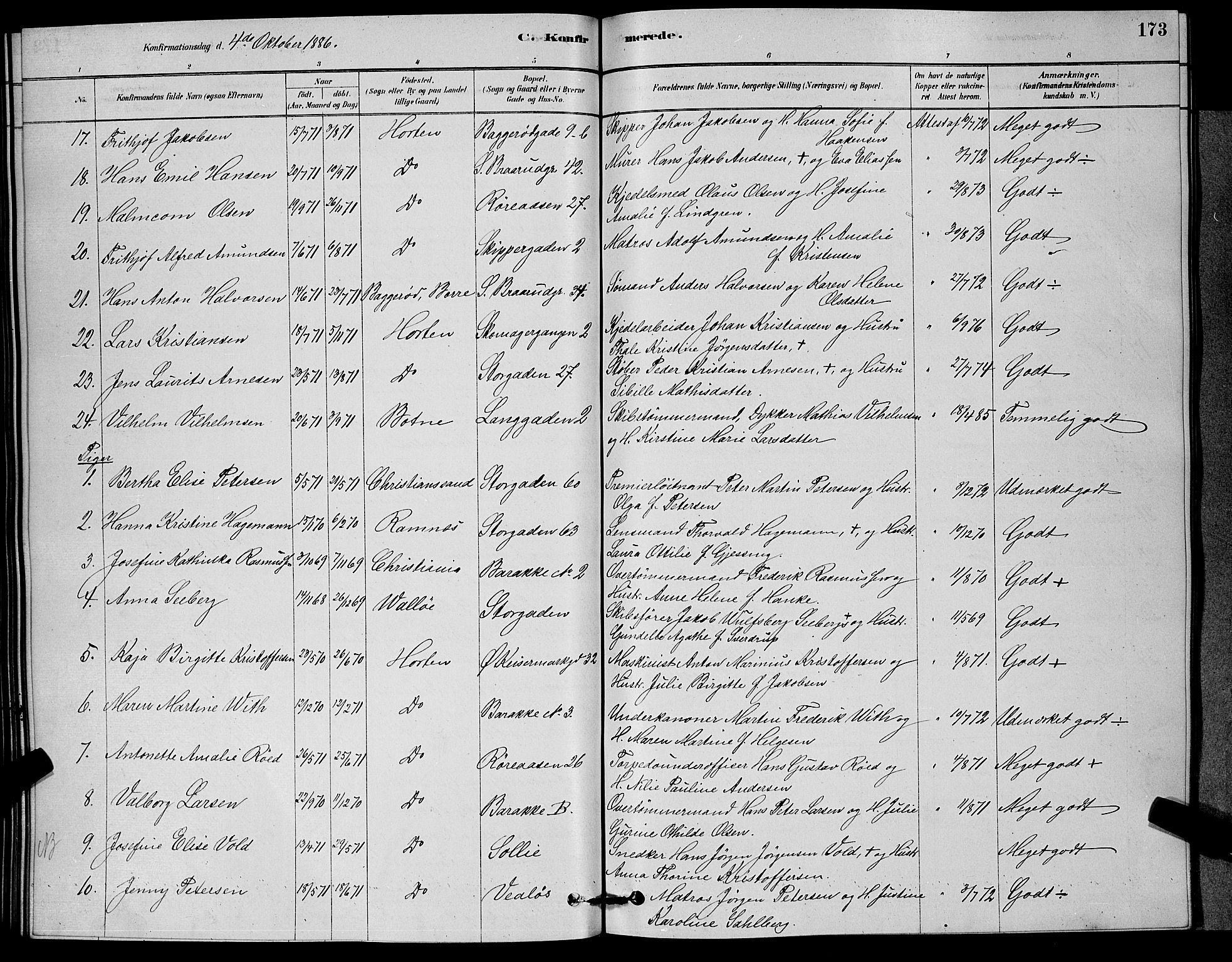 Horten kirkebøker, AV/SAKO-A-348/G/Ga/L0003: Parish register (copy) no. 4, 1878-1887, p. 173