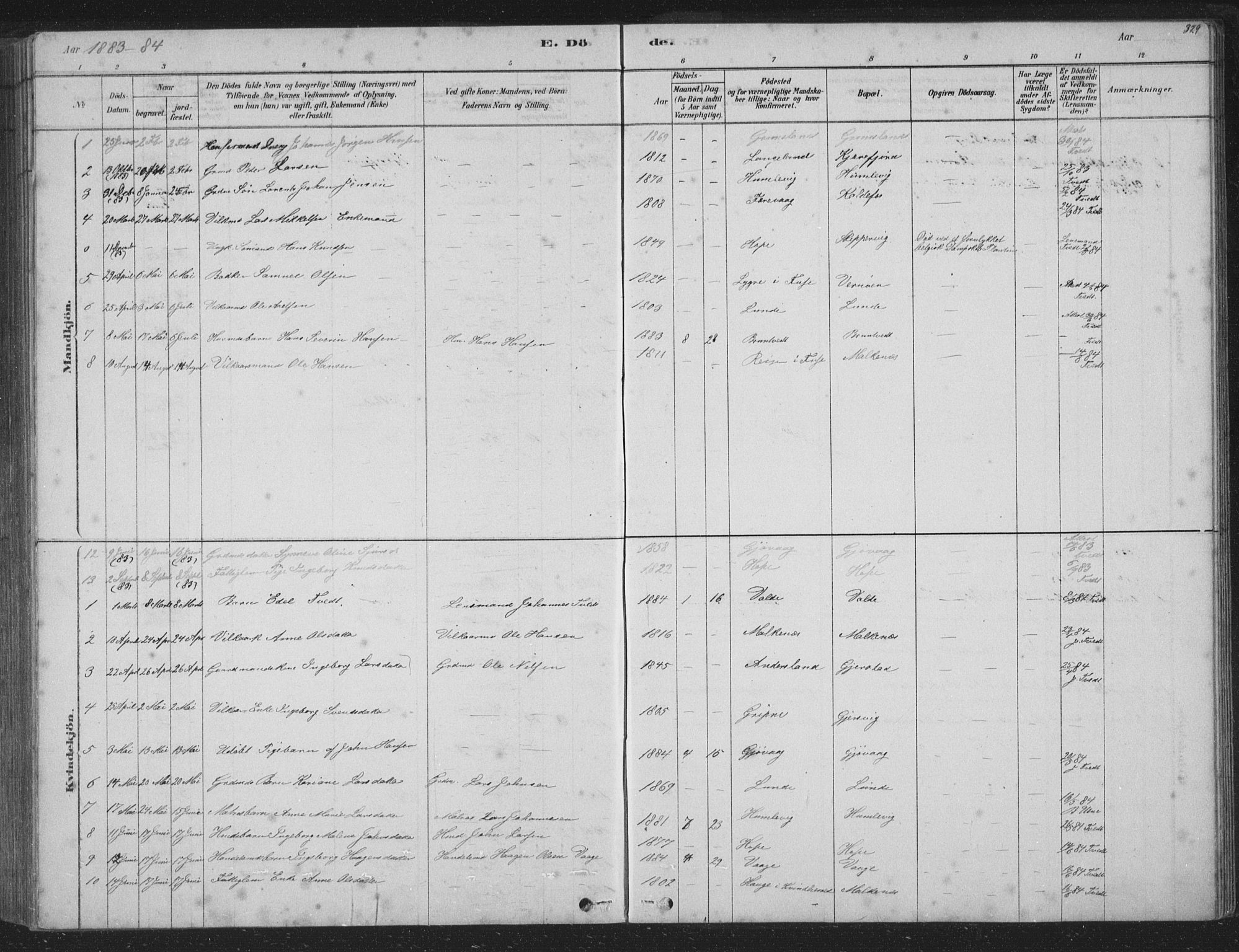 Tysnes sokneprestembete, SAB/A-78601/H/Hab: Parish register (copy) no. B 2, 1878-1918, p. 329