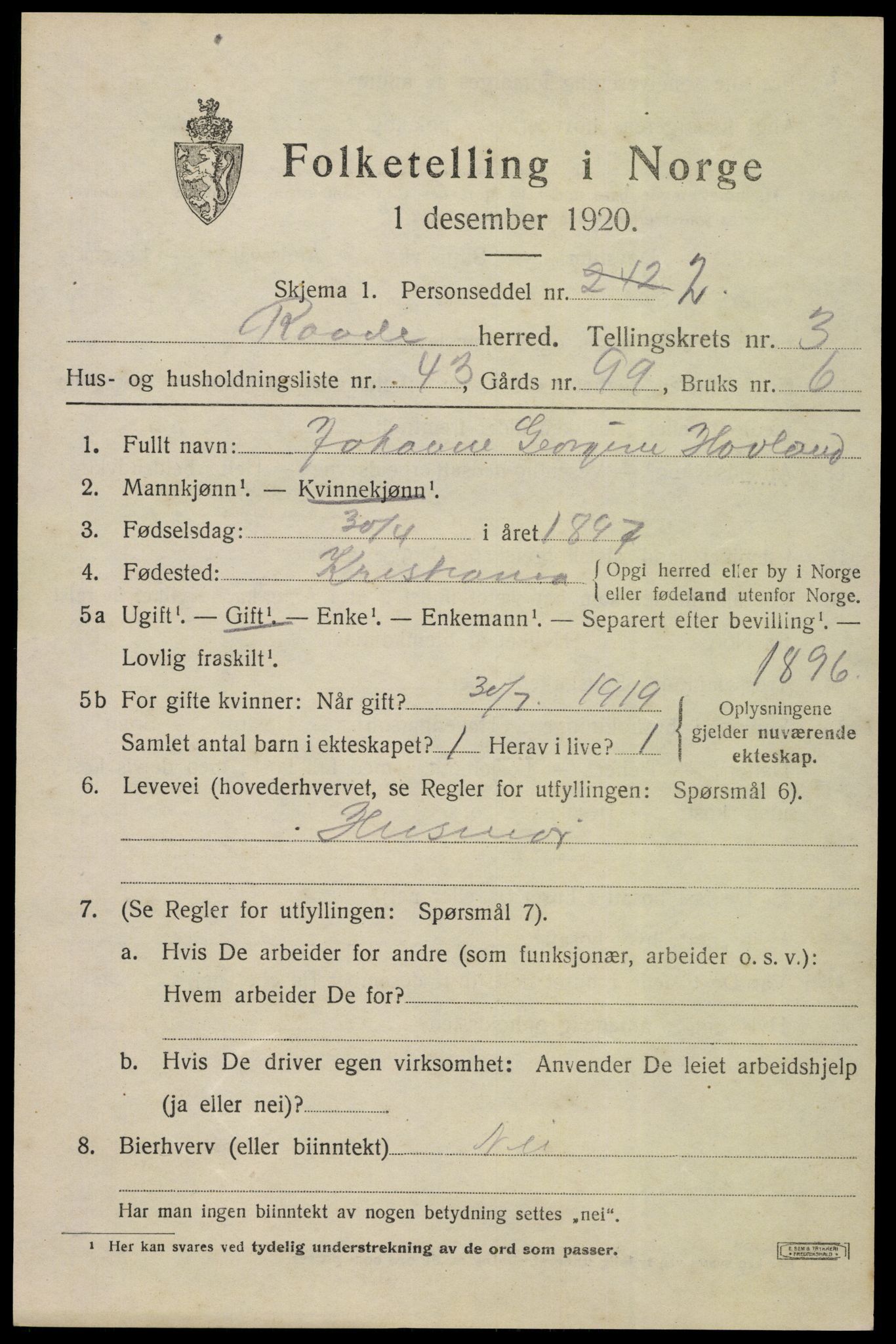 SAO, 1920 census for Råde, 1920, p. 3721
