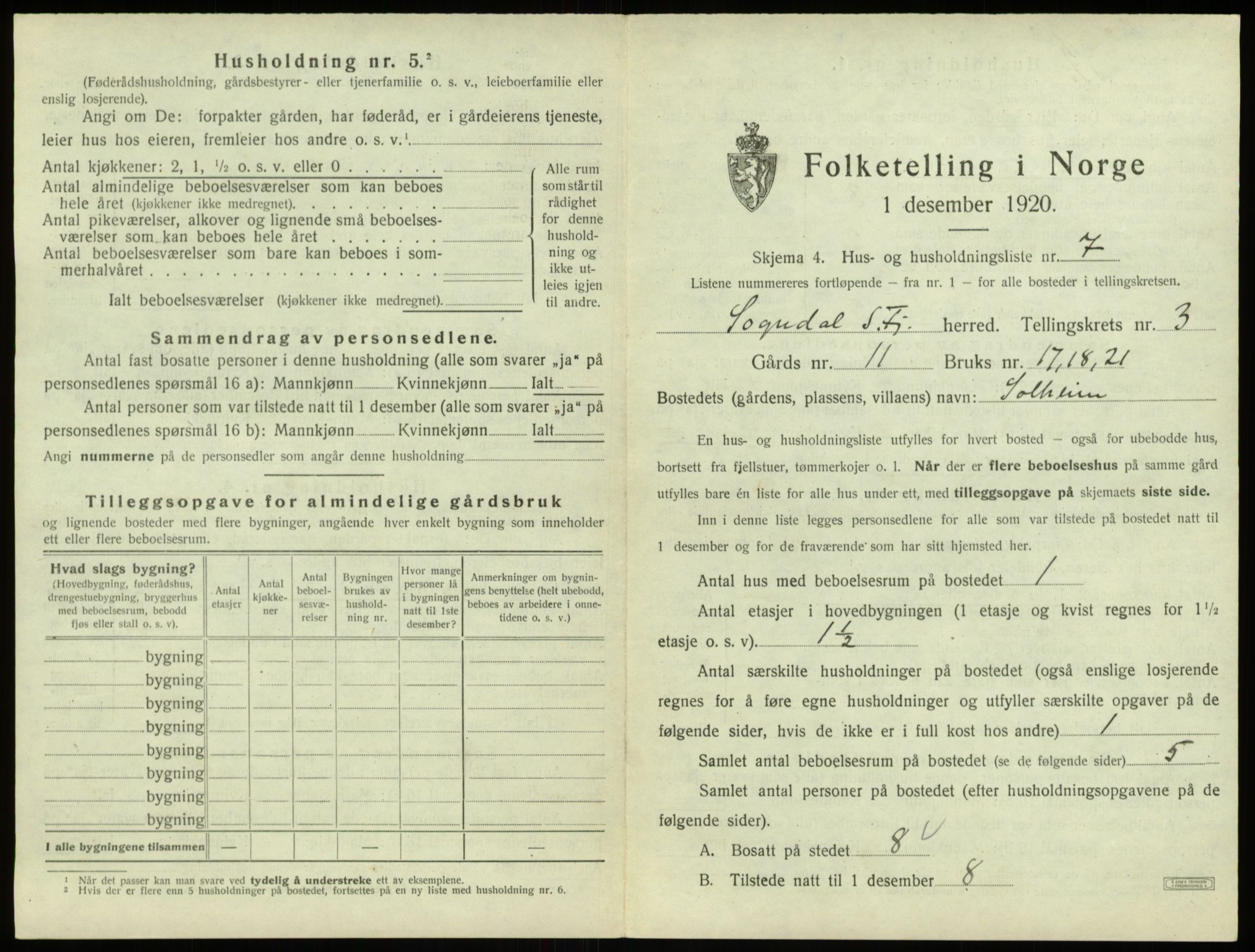 SAB, 1920 census for Sogndal, 1920, p. 219