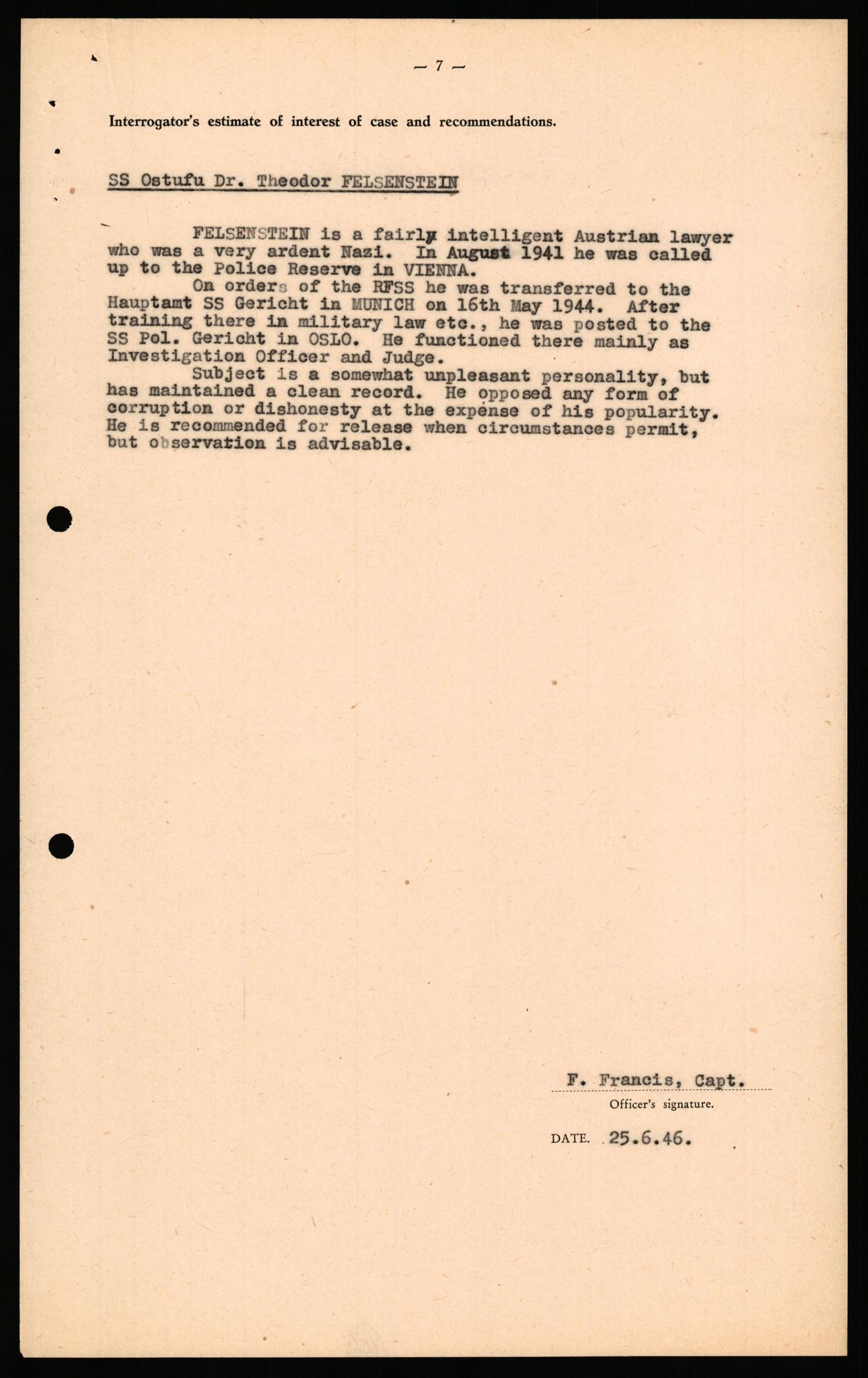 Forsvaret, Forsvarets overkommando II, AV/RA-RAFA-3915/D/Db/L0038: CI Questionaires. Tyske okkupasjonsstyrker i Norge. Østerrikere., 1945-1946, p. 293