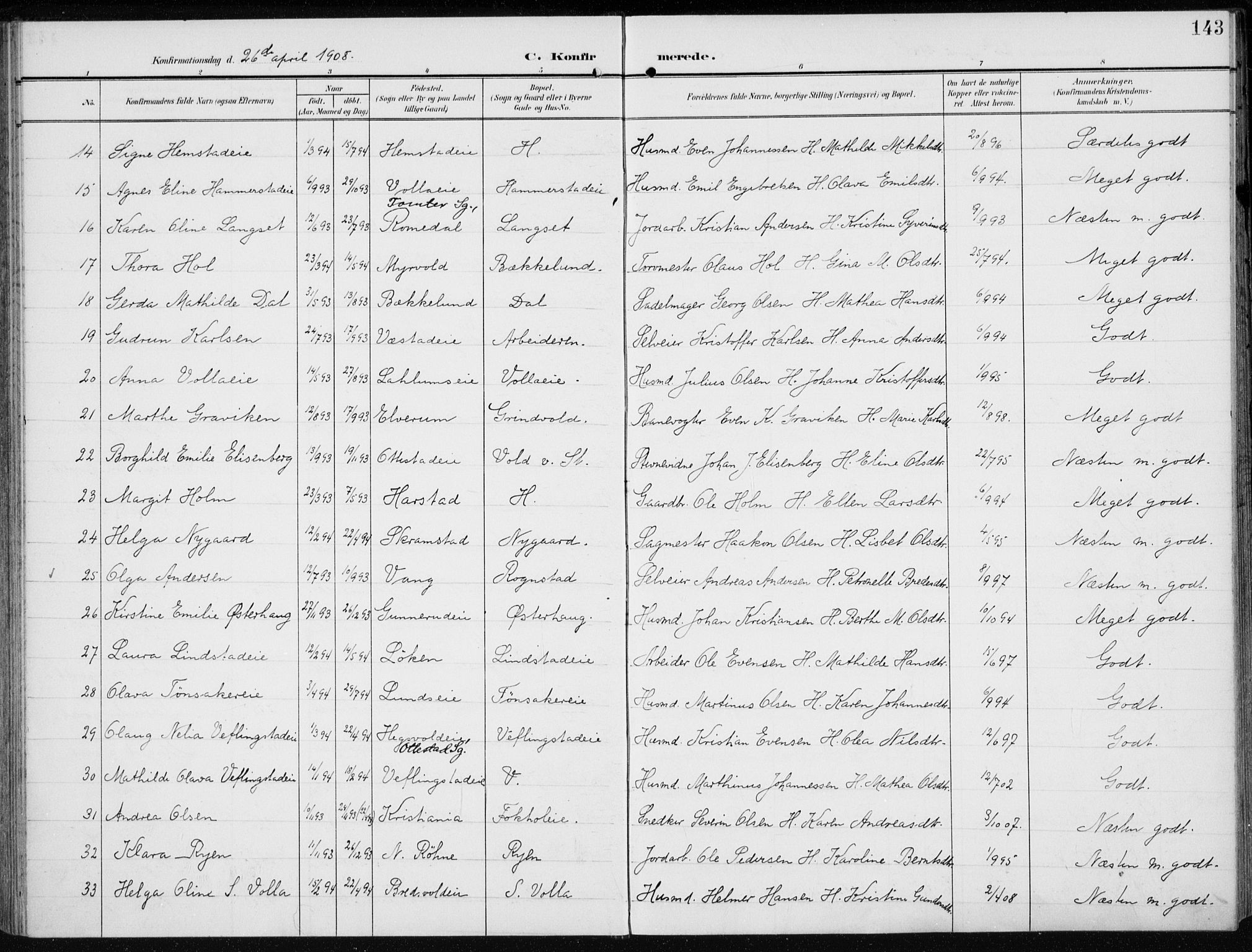 Stange prestekontor, AV/SAH-PREST-002/K/L0024: Parish register (official) no. 24, 1906-1922, p. 143