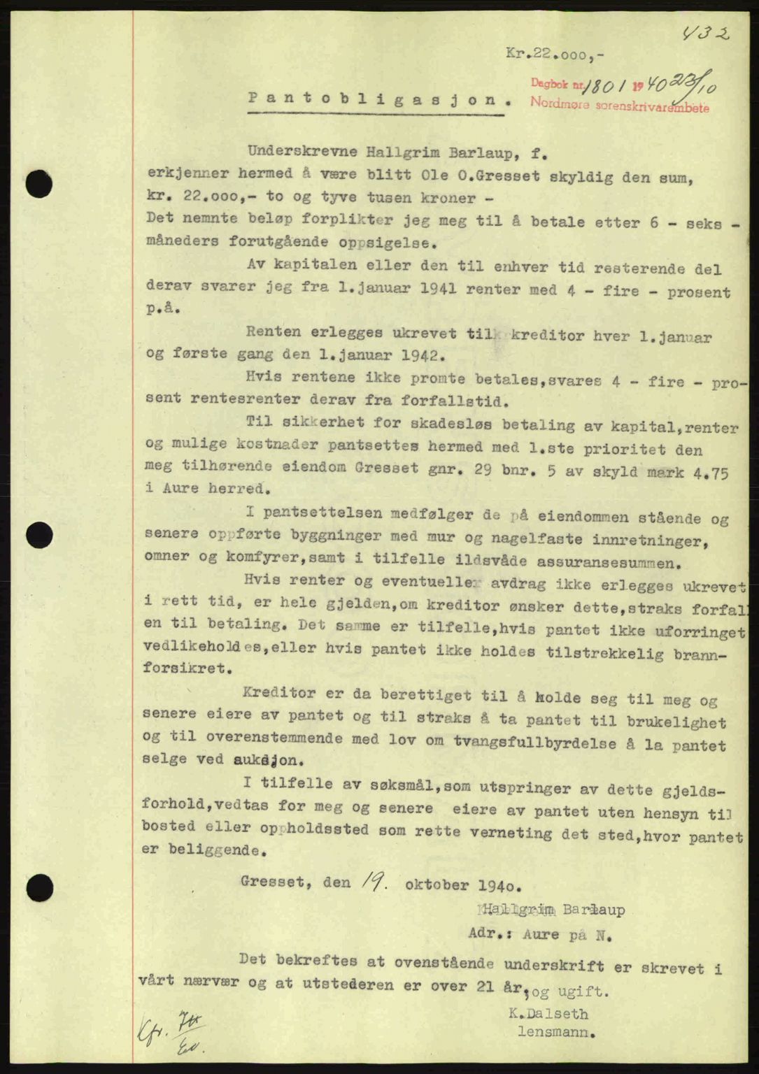 Nordmøre sorenskriveri, AV/SAT-A-4132/1/2/2Ca: Mortgage book no. B87, 1940-1941, Diary no: : 1801/1940