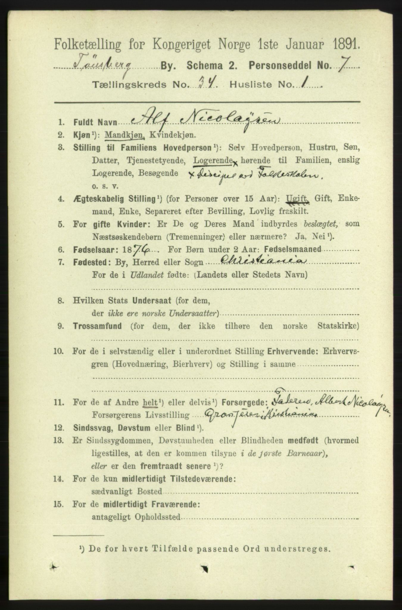 RA, 1891 census for 0705 Tønsberg, 1891, p. 7667